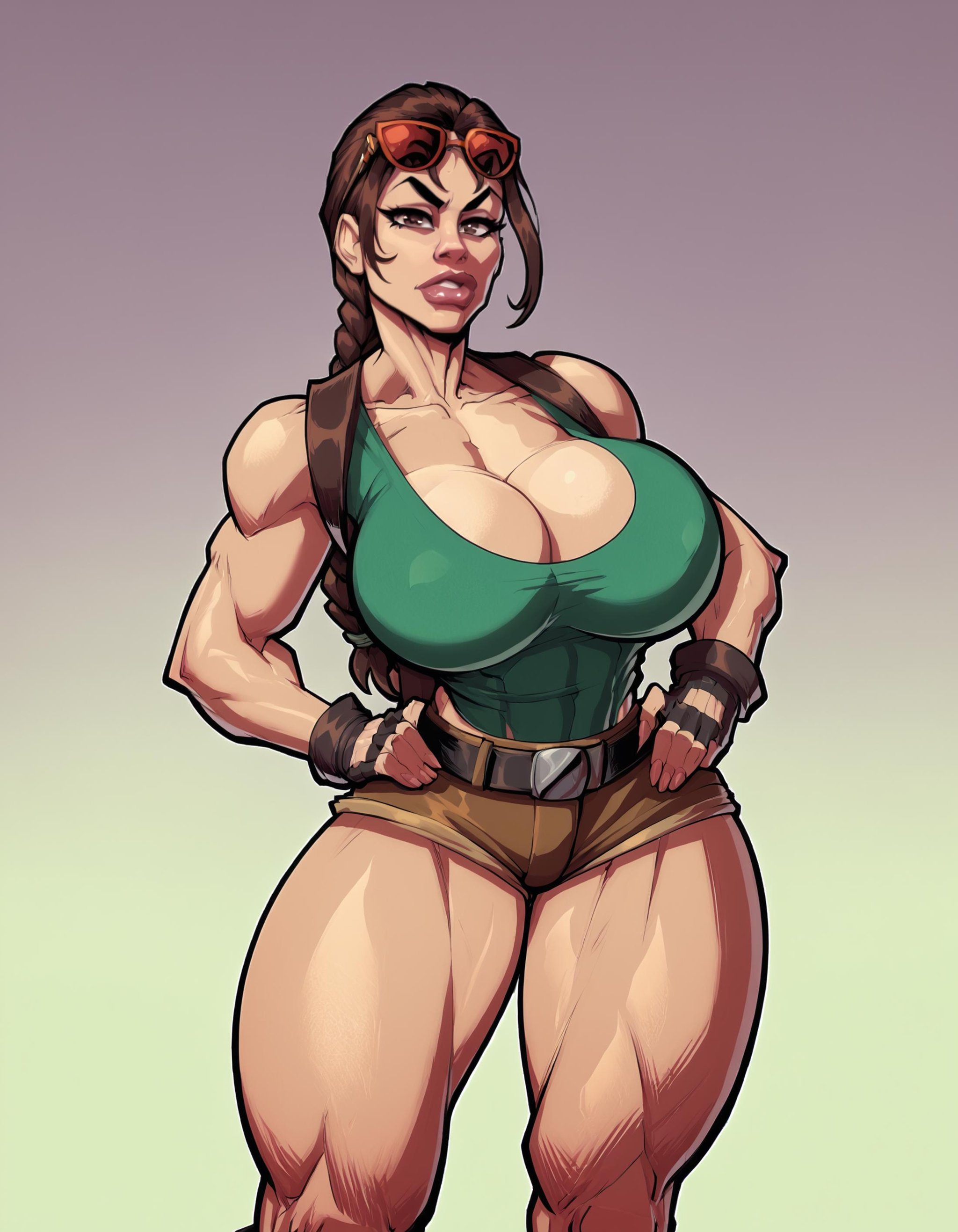 score_9, score_8_up, score_7_up,looking at viewer,large breasts, gradient background, laracroftxl, 1girl, solo, fingerless gloves, cleavage, shorts, short shorts, looking at viewer, thighs, eyewear on head, <lora:fontezxl2:1>,   <lora:LoraCroftxl:0.5>