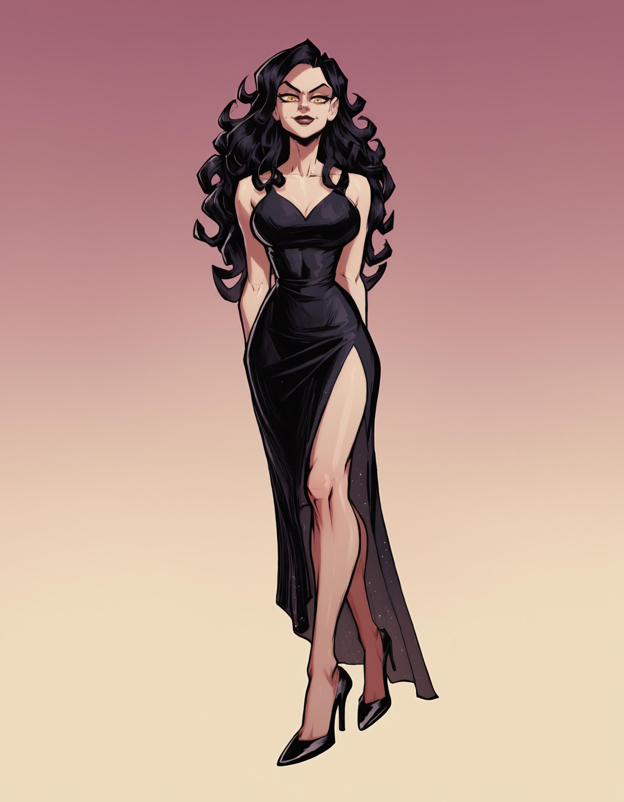 score_9, score_8_up, score_7_up,fontezxl, looking at viewer,gradient background, curly hair, long hair, black hair, yellow eyes, sneer, cocktail dress, black dress,high heels, <lora:fontezxl2:1>,   