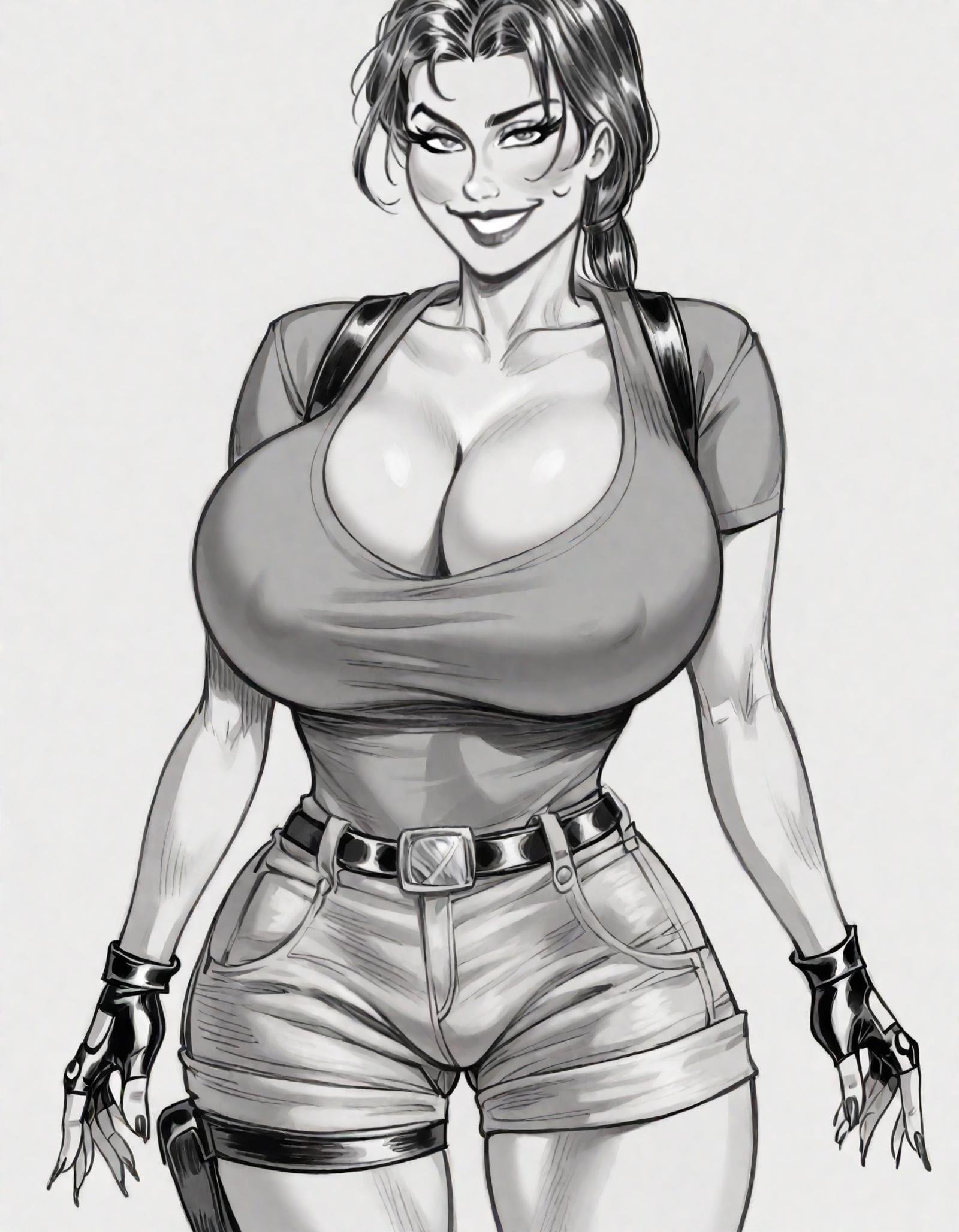 zPDXL2, source_anime,zimmerman, 1girl, solo, looking at viewer, smile,  huge breast, white background, greyscale, laracroftxl, cleavage, shorts, thigh holster, short shorts, gloves, fingerless gloves<lora:Julius Zimmermanxl-000002:1>,    <lora:LoraCroftxl:0.6>