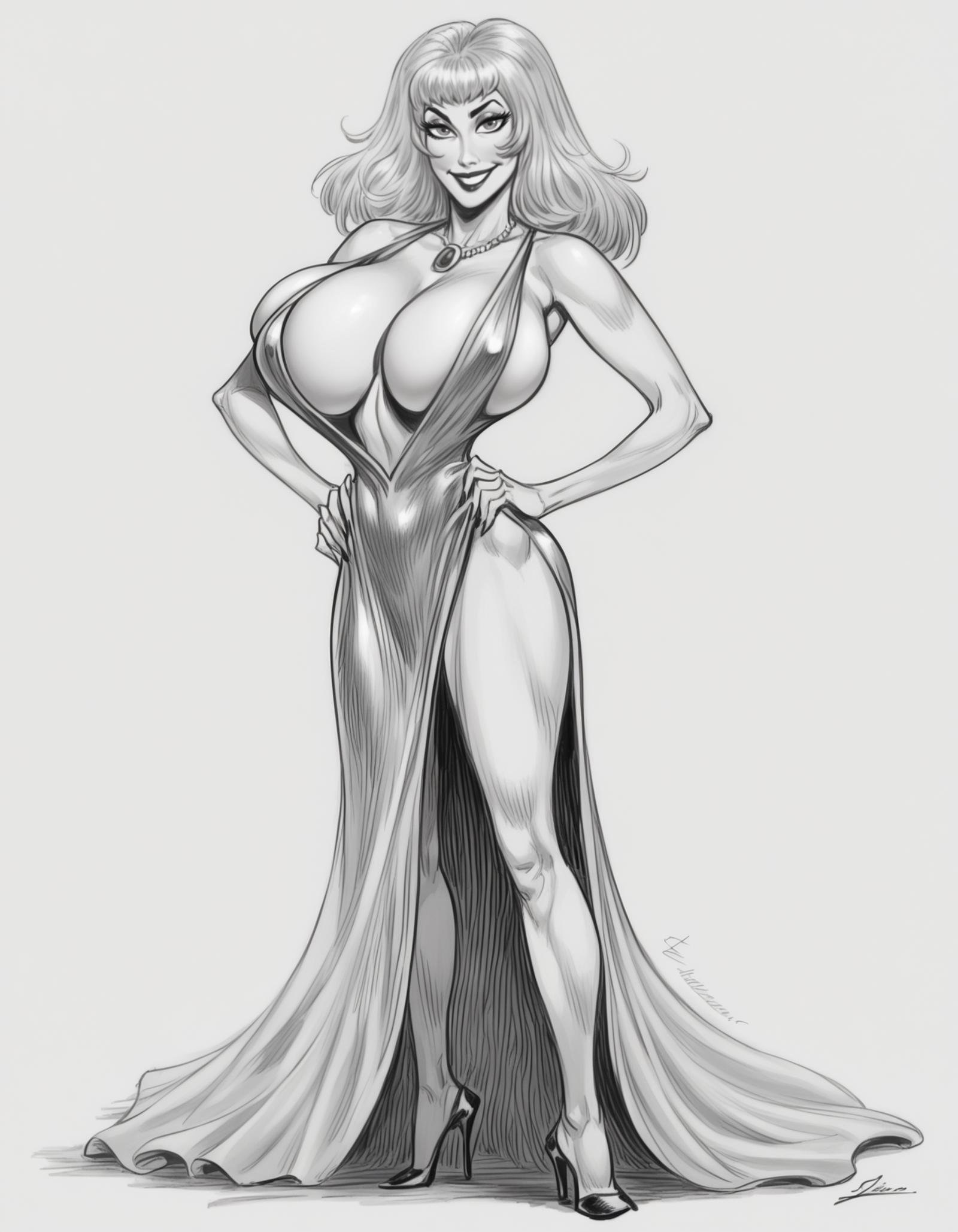 zPDXL2, source_anime,zimmerman, 1girl, solo, looking at viewer, smile,  huge breast,greyscale,  white background, dress,plunging neckline, necklace, high heels, <lora:Julius Zimmermanxl-000002:1>, 