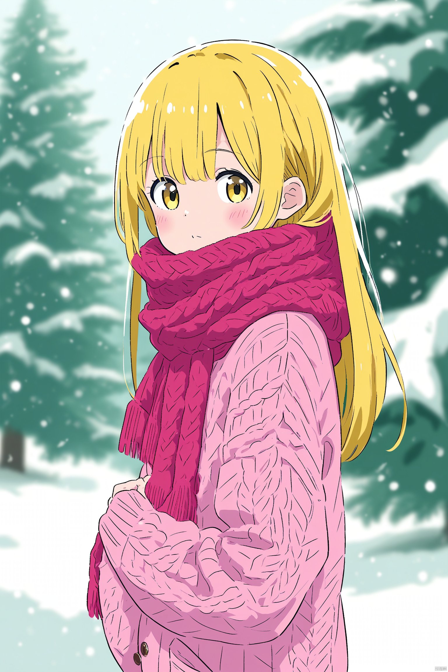 (masterpiece),(best quality),1girl, loli, solo, pink hair, long hair, yellow eyes, wearing pink knitted sweater, white collar poking out, red scarf wrapped around neck, rosy cheeks from cold, standing outdoors in winter scene, snowing lightly, snowflakes in hair, pine trees dusted white behind, looking ahead, cropped close-up composition, focus on face and upper body, intricate sweater details, photorealistic knit textures, vivid expression, hands in sweater pockets, (masterpiece quality illustration), (intricately detailed)