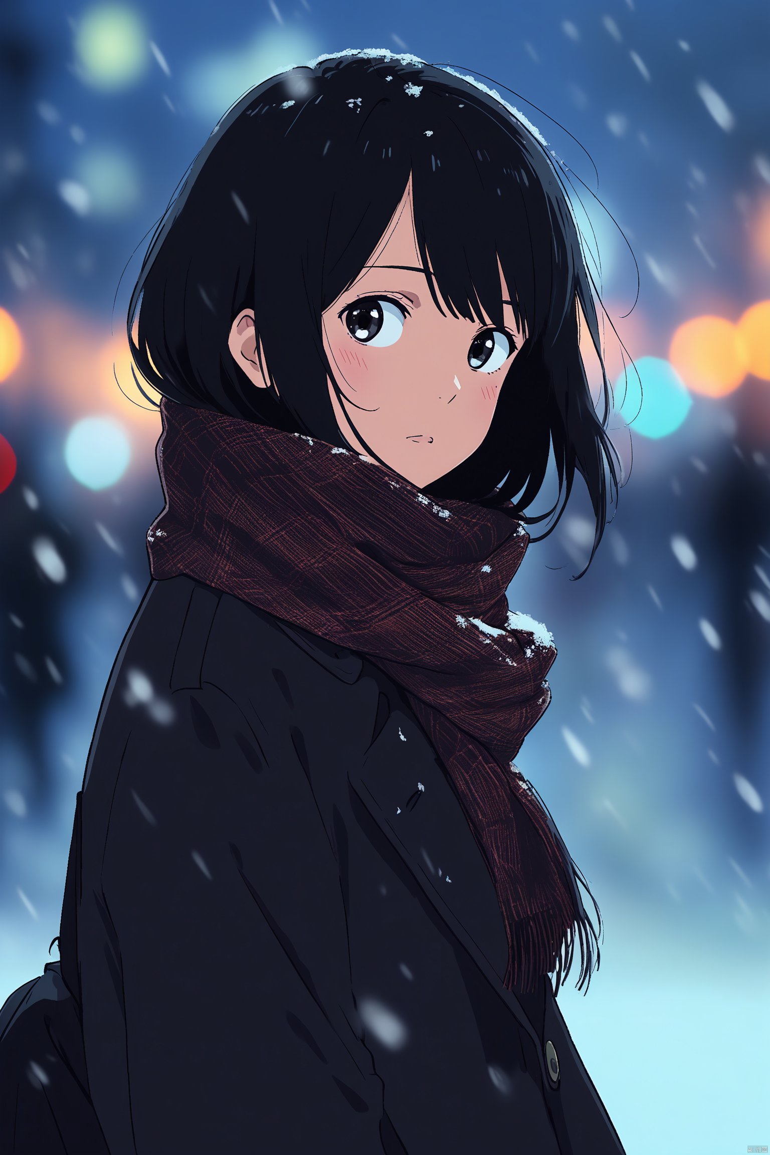 (masterpiece),(best quality),(masterpiece),(best quality),1girl, black_coat, black_hair, blurry, blurry_background, blurry_foreground, bokeh, city_lights, coat, depth_of_field, from_side, jacket, lens_flare, long_hair, long_sleeves, looking_away, motion_blur, outdoors, scarf, snow, snowing, solo, upper_body