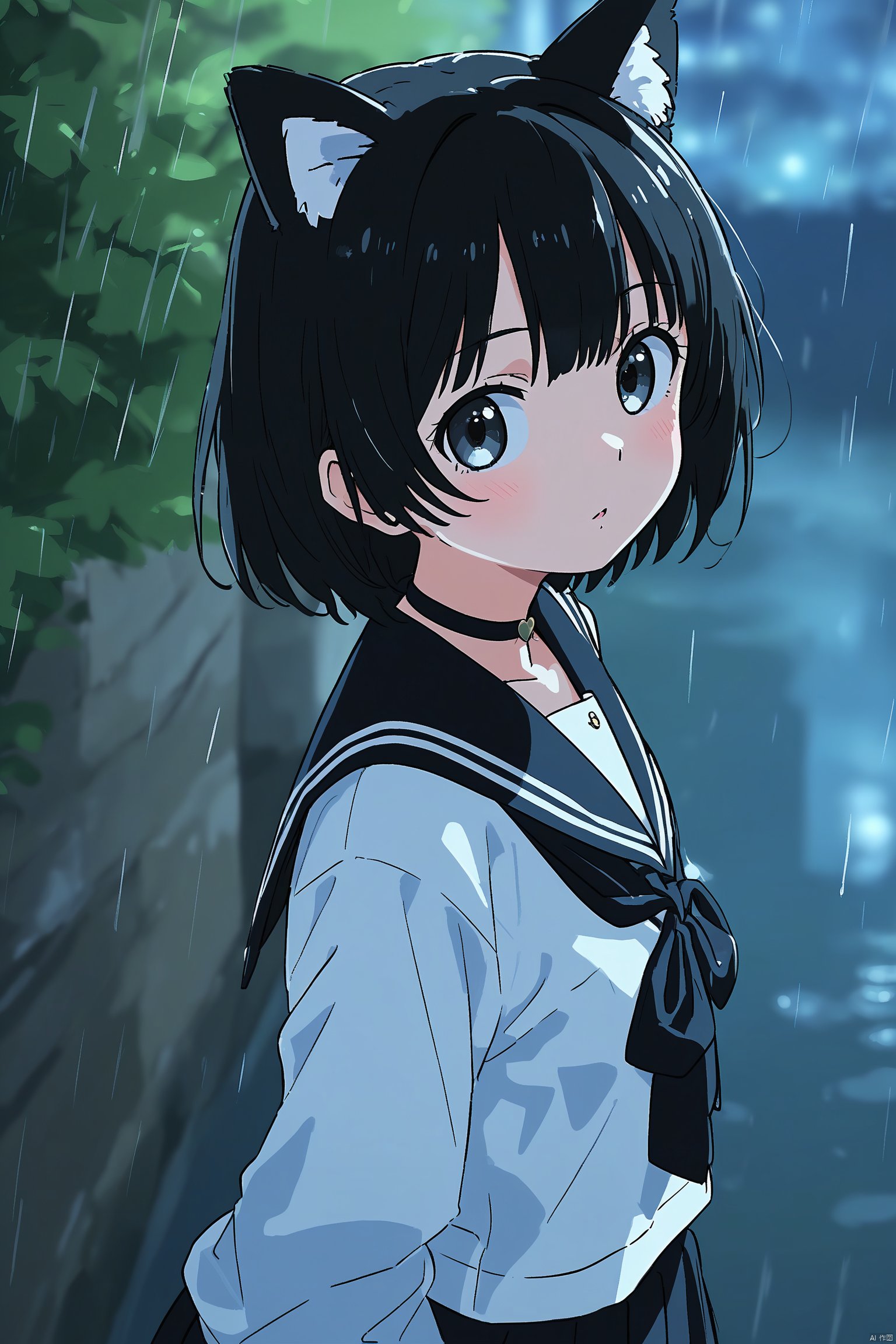 animal_ears, 1girl, black_hair, sailor_collar, solo, short_hair, cat_ears, school_uniform, serafuku, black_sailor_collar, upper_body, rain, shirt, white_shirt, long_sleeves, night, closed_mouth, scenery, bangs