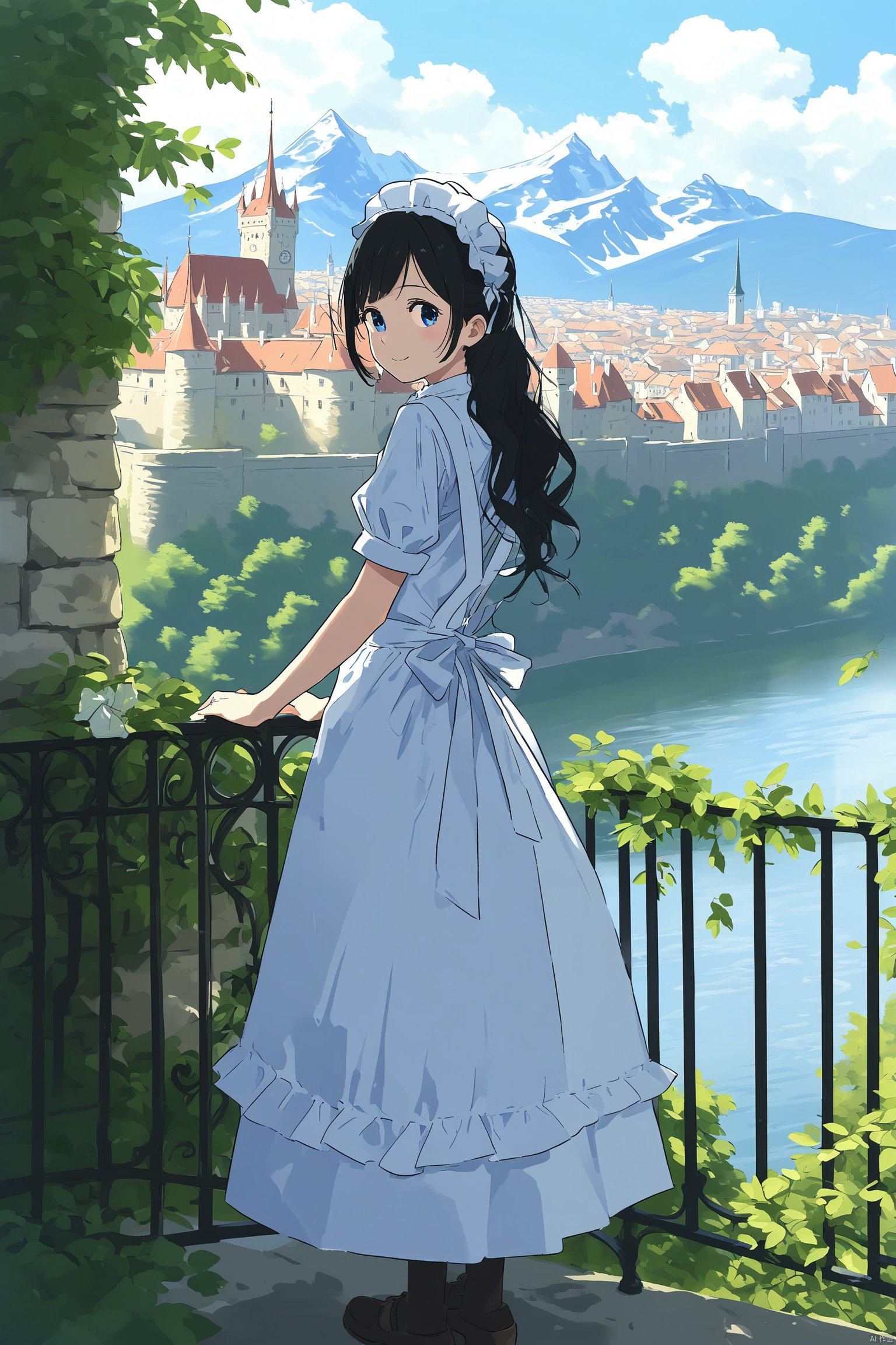 1girl, apron, architecture, black_hair, blue_sky, bridge, building, castle, chimney, city, cityscape, cloud, day, dress, house, long_hair, maid, maid_apron, mountain, outdoors, plant, railing, real_world_location, river, road, scenery, sky, skyscraper, solo, street, town, tree, waitress, wall, water, white_apron