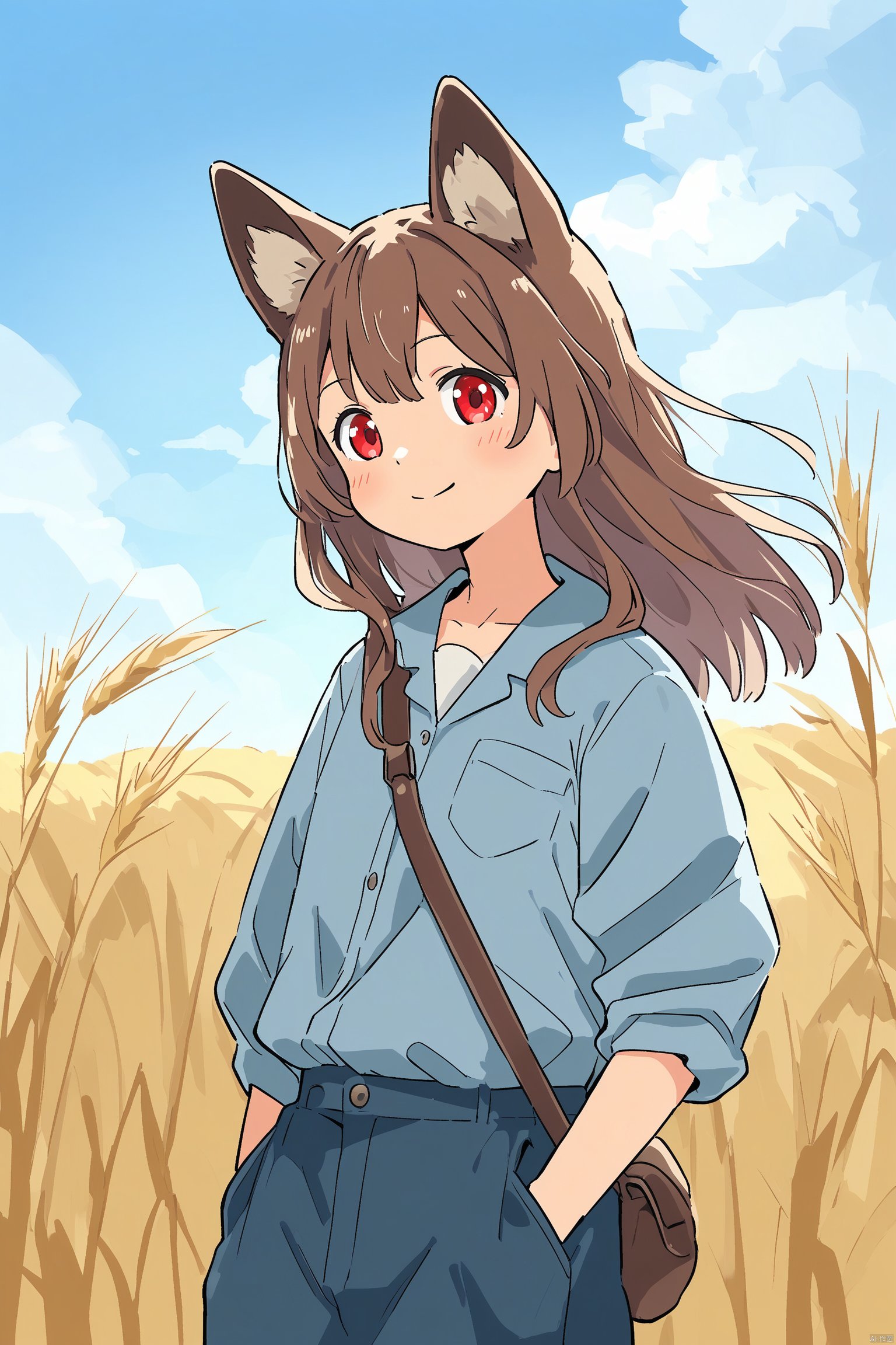 1girl, holo, animal_ears, long_hair, solo, brown_hair, wolf_ears, outdoors, sky, red_eyes, letterboxed, field, wheat, fang, looking_at_viewer, wolf_girl, cloud, day, smile, hand_in_own_hair, vest, blue_sky, shirt, blush, pouch