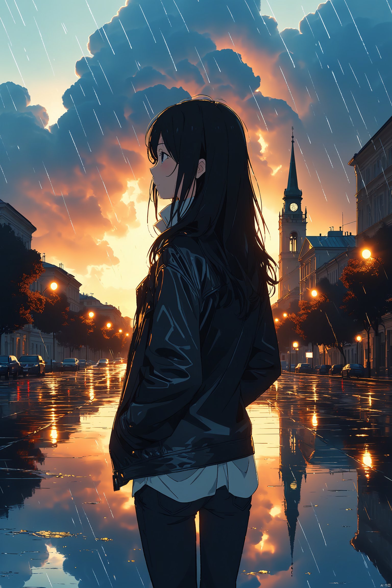 masterpiece,best quality,(ray tracing, cinematic lighting),ex-light,(central composition, Centered Composition and Symmetry:0.6),(back to camera:1.3),backlight,1girl,((solo)),black long hair,messy hair,jacket,pantyhose,rainy day,Cumulonimbus Cloud,(put hands in pockets),(outdoors, rain, sky, deserted streets, watered-down pavements, crossroad, fork in the road),tall buildings,bell towers,glass,reflections,streetlights,sunset,Tyndall Effect,