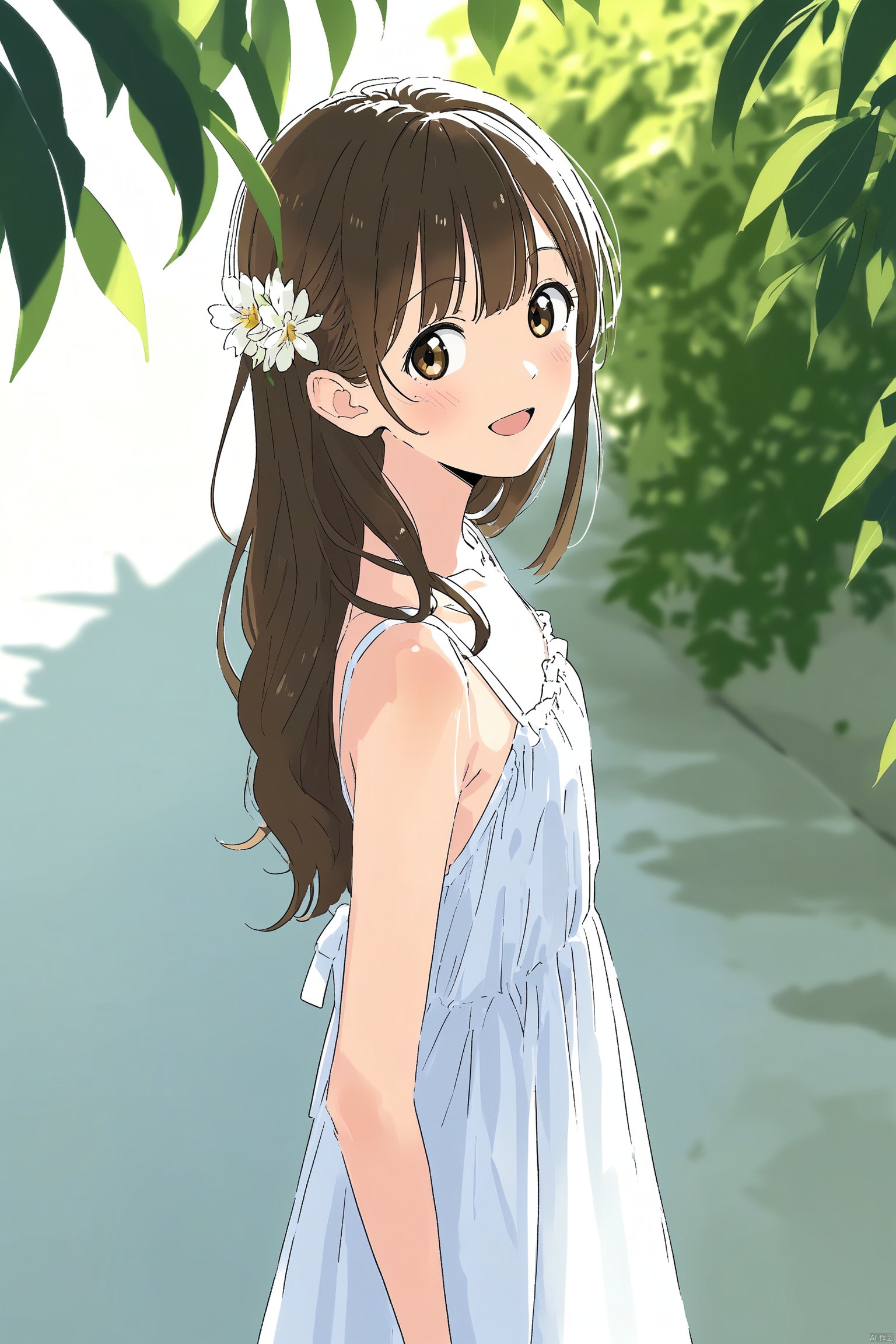 best quality, amazing quality, very aesthetic,1girl, dress, long hair, bird, white dress, brown hair, solo, outdoors, brown eyes, sleeveless, looking at viewer, arms behind back, sleeveless dress, bangs, standing, plant, sundress, smile, flower, closed mouth, sunlight, bare shoulders