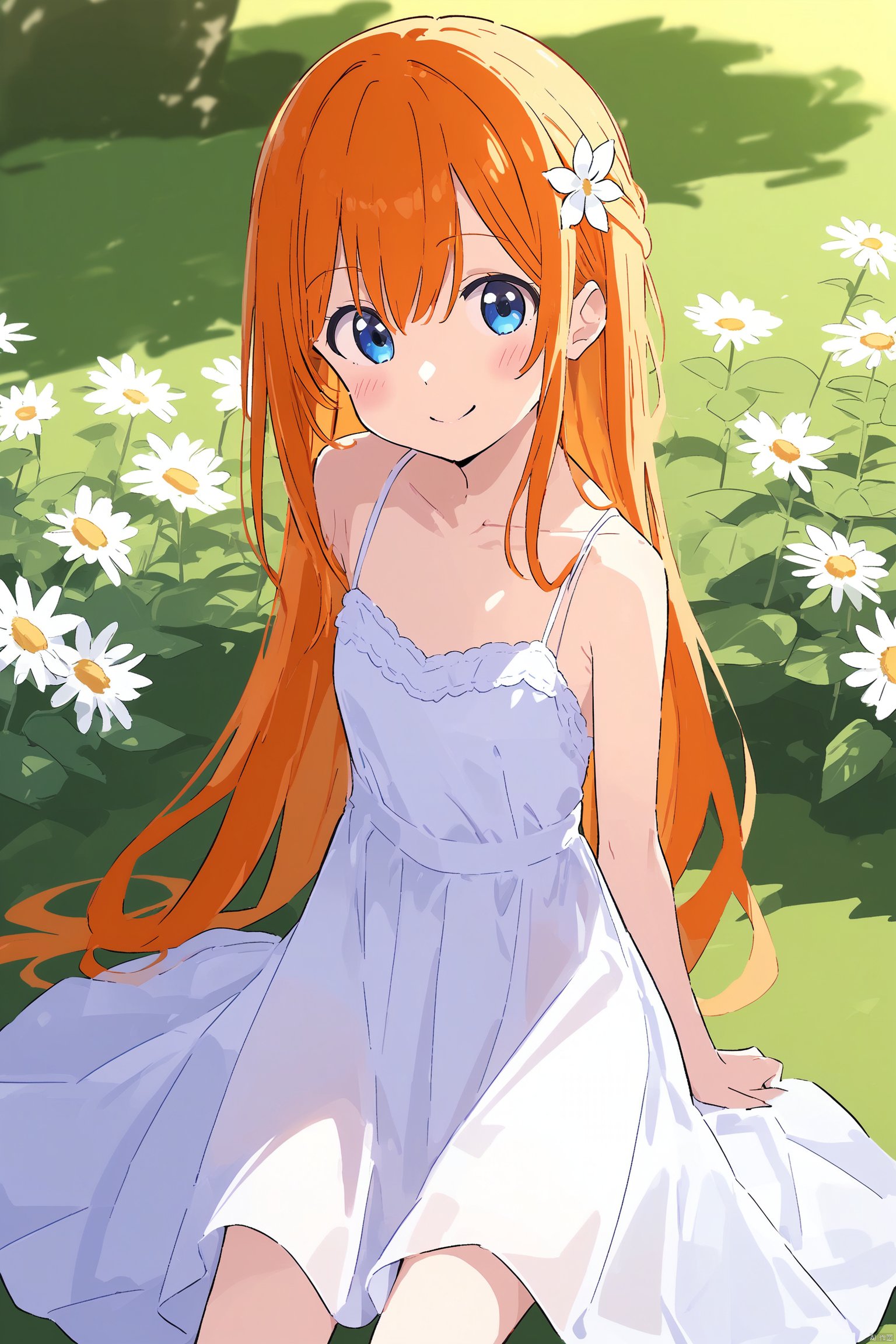 1girl, solo, long hair, blue eyes, dress, sitting,purple hair, white dress, looking at viewer, blush, smile, sleeveless, sleeveless dress, closed mouth, bare shoulders, very long hair, bangs, plant, bare arms, outdoors, sundress, hair flaps, feet out of frame, collarbone, flower, loli, petite, light orange hair, flower field