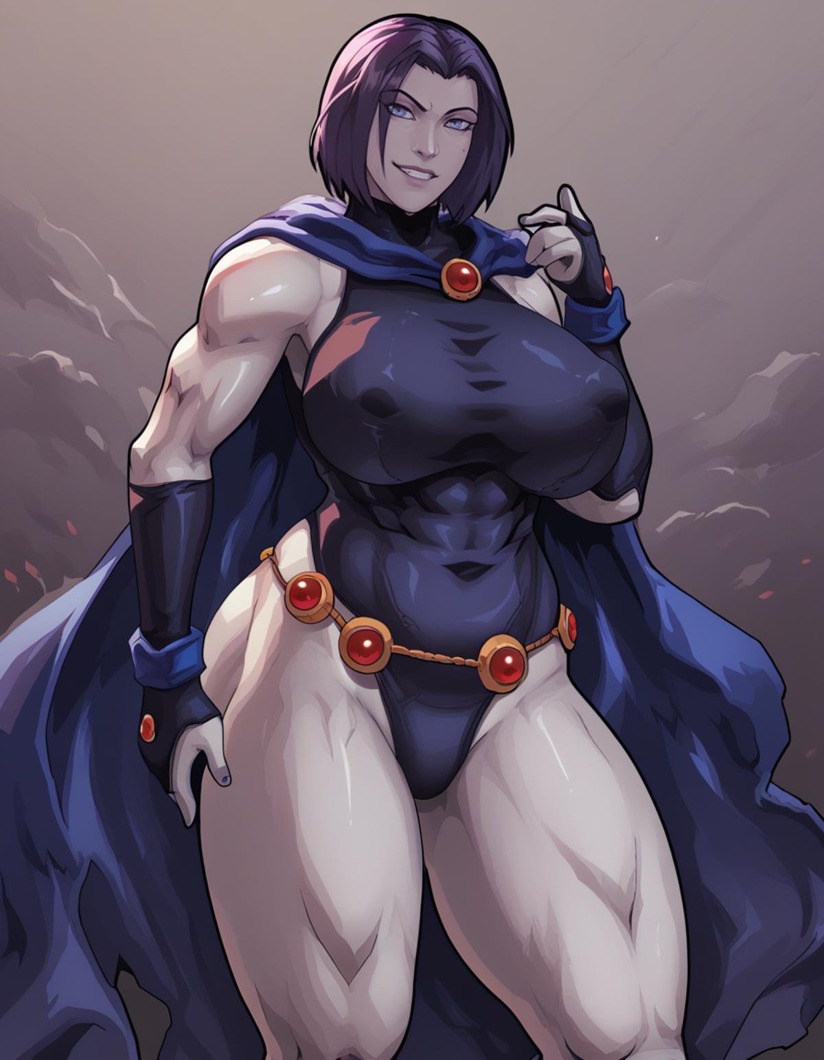 score_9, score_8_up, score_7_up,equinox006xl, 1girl, solo, looking at viewer, smile,  huge breasts,ravenxl, leotard, bare shoulders, cape, thick thighs, gloves, belt, thighs<lora:equinox006xl2:1>,  <lora:Ravenxl:0.6>