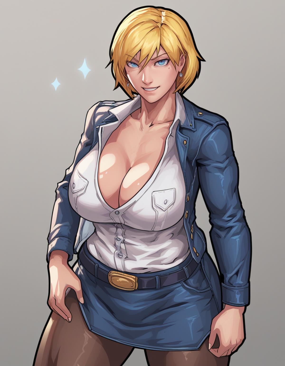 score_9, score_8_up, score_7_up,equinox006xl, 1girl, solo, looking at viewer, smile,  huge breasts, solo, 1girl, blonde hair, blue eyes, short hair, earrings, looking at viewer, cleavage, jacket, denim, belt, pantyhose, long sleeves,white shirt, skirt, <lora:equinox006xl2:1>, 