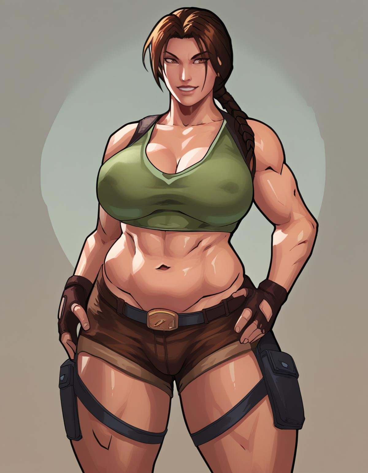 score_9, score_8_up, score_7_up,equinox006xl, 1girl, solo, looking at viewer, smile,  huge breasts,laracroftxl, cleavage, short shorts, thigh holster, fingerless gloves, lips, crop top, navel, <lora:equinox006xl2:1>,   <lora:LoraCroftxl:0.6>