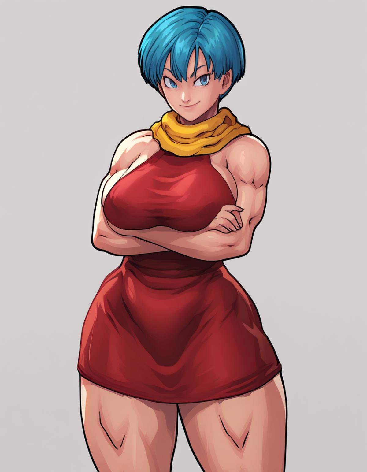 score_9, score_8_up, score_7_up,equinox006xl, 1girl, solo, looking at viewer, smile,  huge breasts,bulmaxl, blue hair, short hair, thighs, standing,dress,short dress, red dress, bare shoulders,yellow scarf,  white background, crossed arms, <lora:equinox006xl2:1>,   <lora:bulmaxl4:0.6>