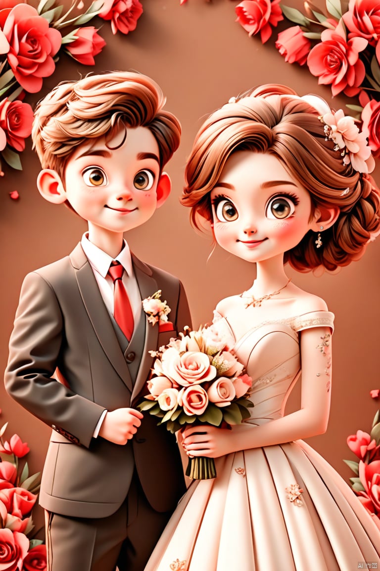 The groom and bride are two people, a boy in a suit and a girl in a wedding dress, with brown coffee hair and a red background. The girl holds flowers, bright eyes, starry eyes, smiles, happiness, and the whole character is centered, with added details. Panoramic shots (wide-angle shots), 3D rendering