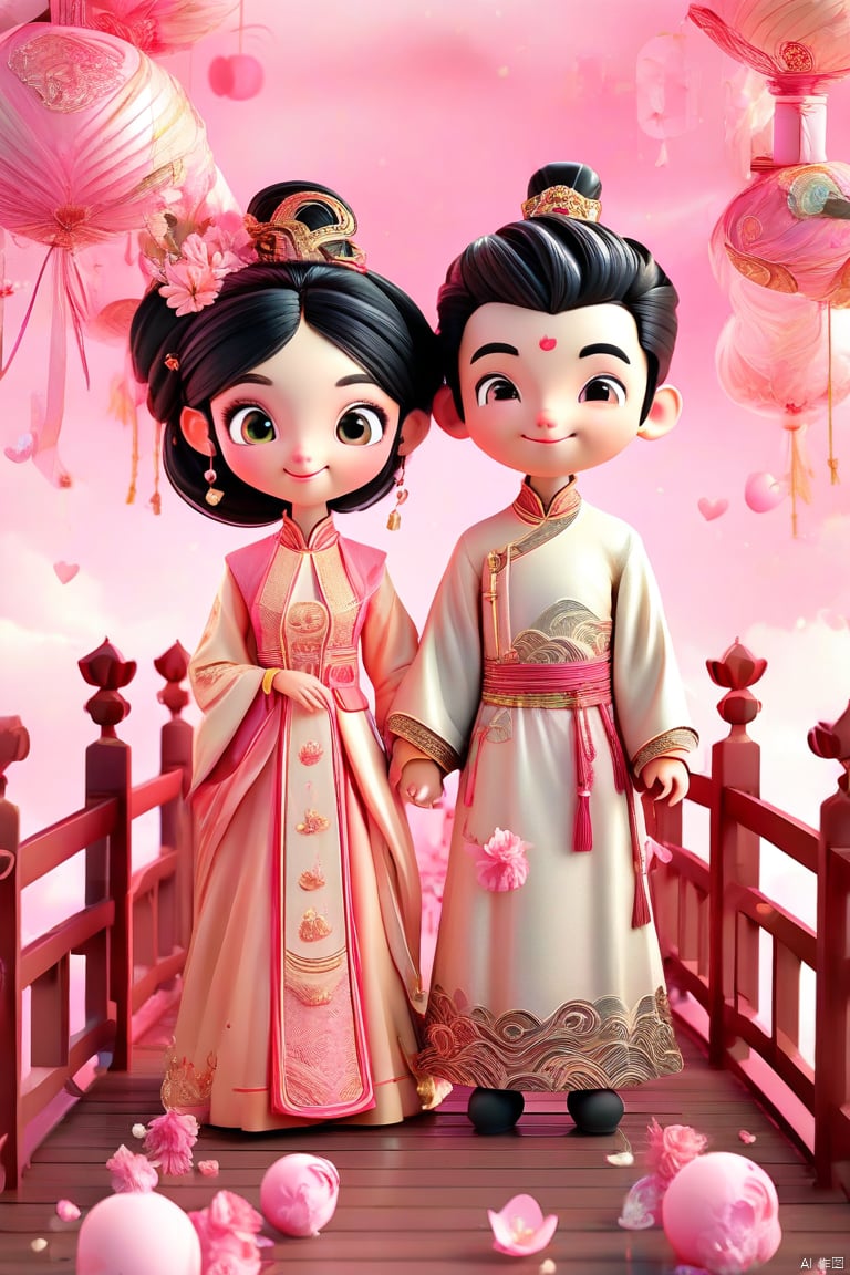  3D illustration, a lovely couple who love each other face to face, black hair, happiness, China-Chic ancient clothing, Tang suit, standing on the Queqiao Bridge with flowers, magpies, a bunch of flowers on the left, bright, pink sky background, pink heart shaped balloons floating in the background, lovely Katong design style, bright light, full length shooting, 8K, middle view