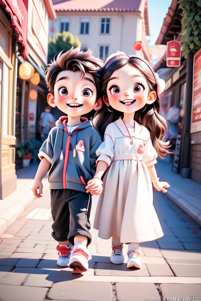 1 boy, 1 girl, couple, holding hands, smiling, happy, outdoor, street, full body, all character centered, with added details, panoramic lens (wide-angle lens), 3D rendering