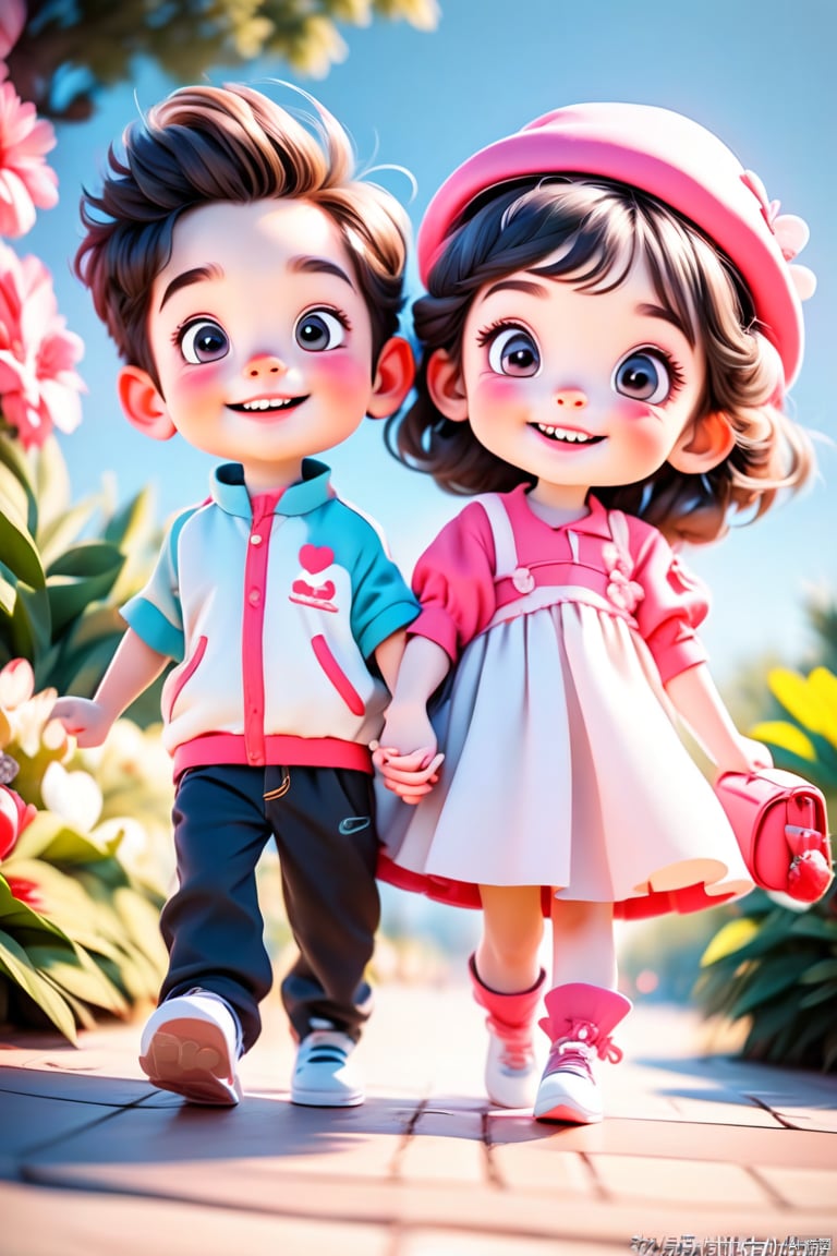 Little couple, a handsome boy, a beautiful girl, outdoors, holding hands, smiling, happy, full body, all in the center, with added details, panoramic shots (wide-angle shots), 3D rendering