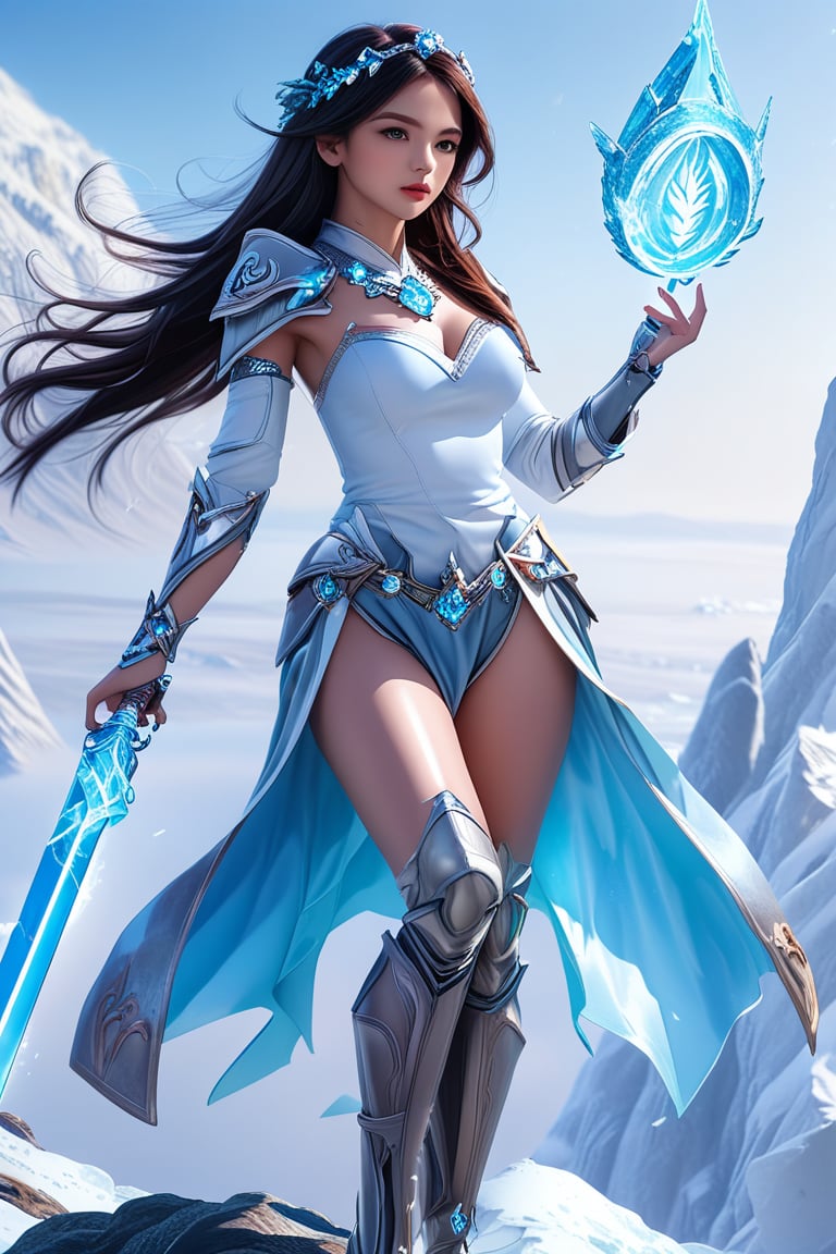 a beautiful girl stands on a hill top. She uses the magic ring and turns into the ultimate form of a beautiful ice magic \(ek_ges1ba\) warrior \(detailed exquisite face\),looking at viewer,dynamic and sexy pose,ice sword,ice elemental effect,ek_game_3ffect,