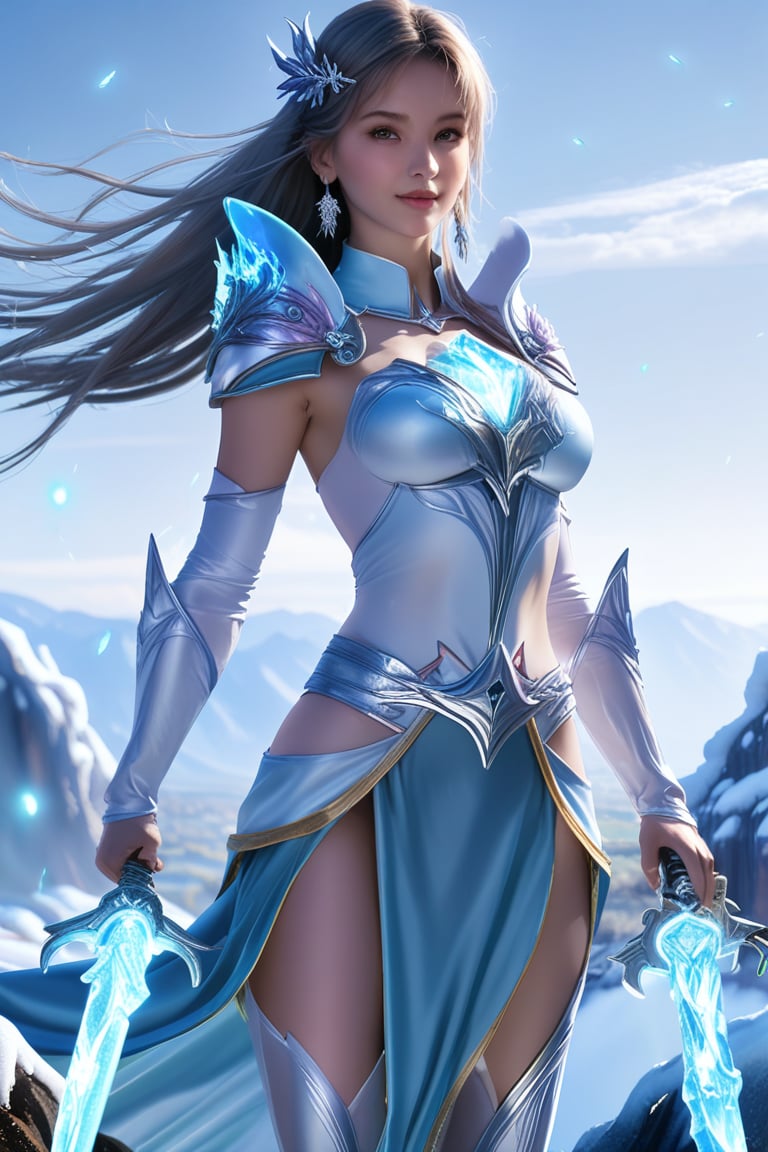 a beautiful girl stands on a hill top. She uses the magic ring and turns into the ultimate form of a beautiful ice magic \(ek_ges1ba\) warrior \(detailed exquisite face\),looking at viewer,dynamic and sexy pose,ice sword,ice elemental effect,ek_game_3ffect,