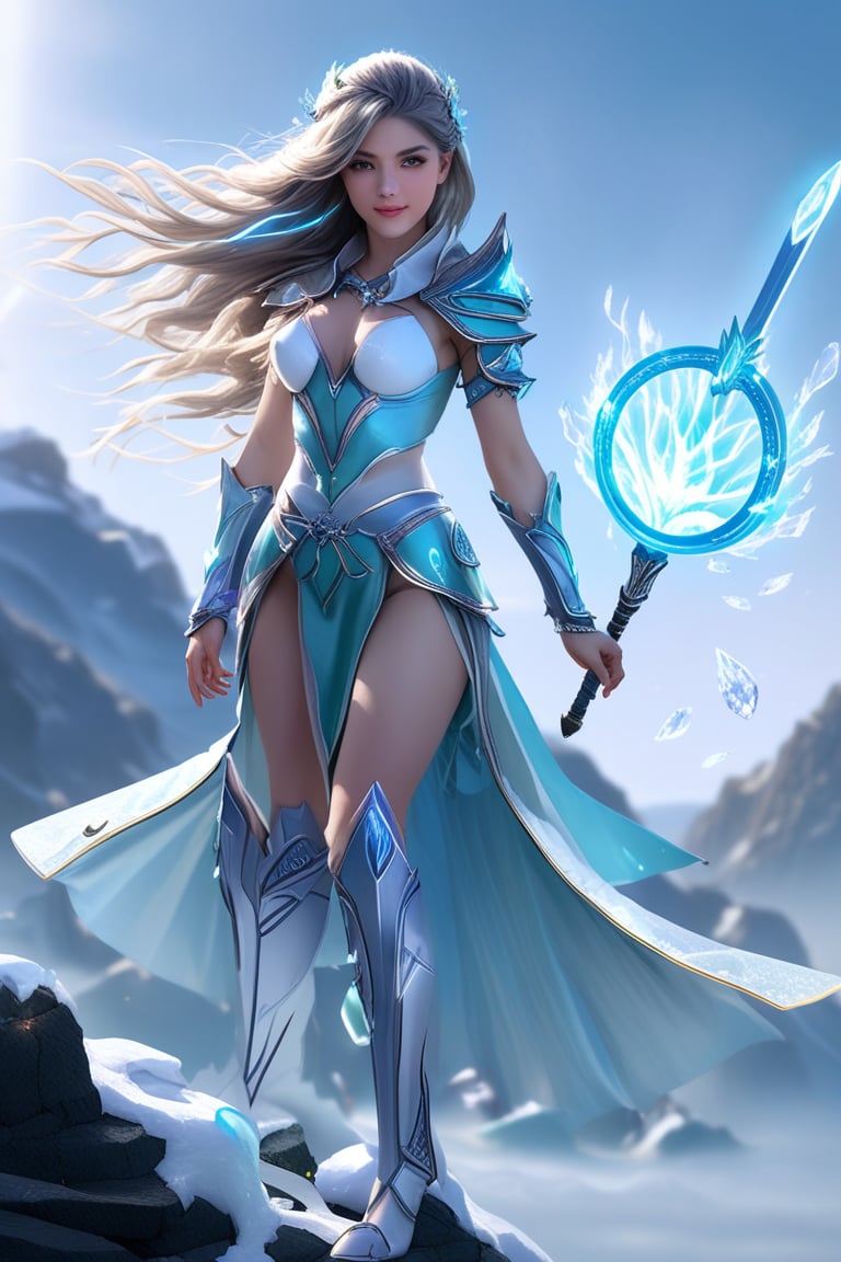 a beautiful girl stands on a hill top. She uses the magic ring and turns into the ultimate form of a beautiful ice magic \(ek_ges1ba\) warrior \(detailed exquisite face\),looking at viewer,dynamic and sexy pose,ice sword,ice elemental effect,ek_game_3ffect,