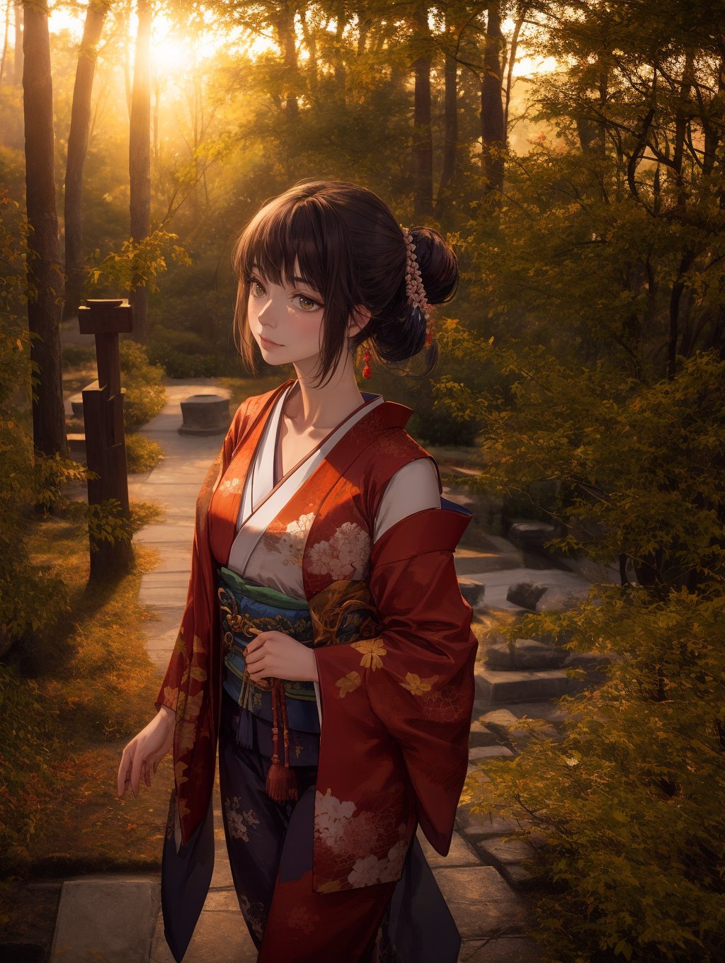 ((1woman)) walking in a ((japanese garden)) at dusk, 25yo, ((solo)), wearing a maroon sleeveless kimono. she gazes at the viewer stoically, topknot hairstyle, upper body, ((oblique viewpoint, viewed at angle, walking across)), offset composition, photoshoot lighting