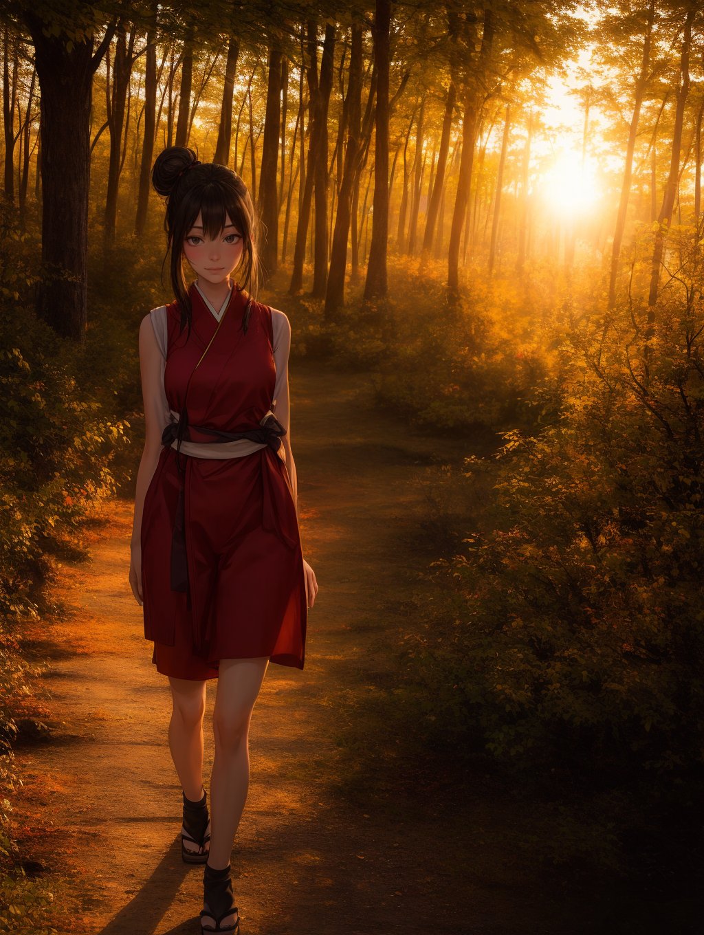 ((1woman)) standing in a japanese garden at dusk, 25yo, wearing a maroon sleeveless kimono. she gazes at the viewer stoically, topknot hairstyle, upper body, ((oblique viewpoint, viewed at angle, walking across)), rule-of-thirds composition, offset composition, contrapposto pose, backlit