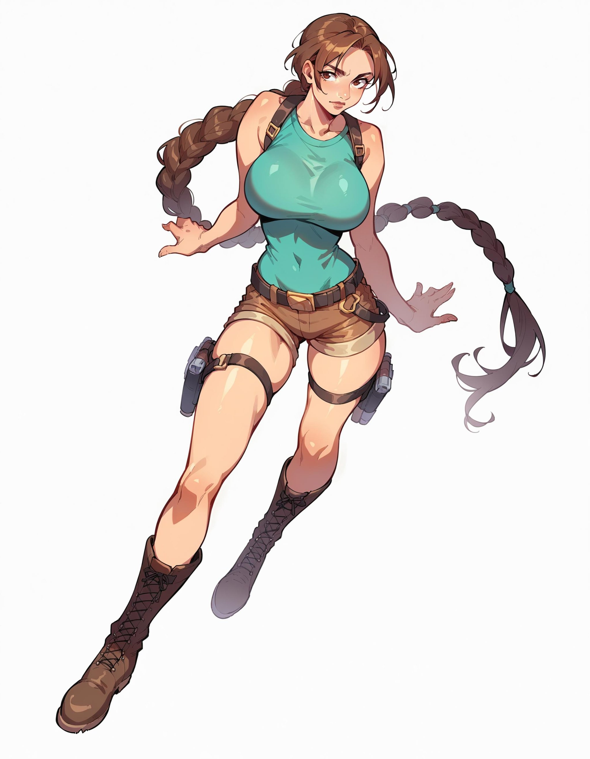 source_anime, score_9, score_8_up, score_7_up,laracroftxl, 1girl, solo, large breasts, full body, white background, simple background, boots, thigh holster, long braid, short shorts, belt, <lora:LoraCroftxl:0.7>