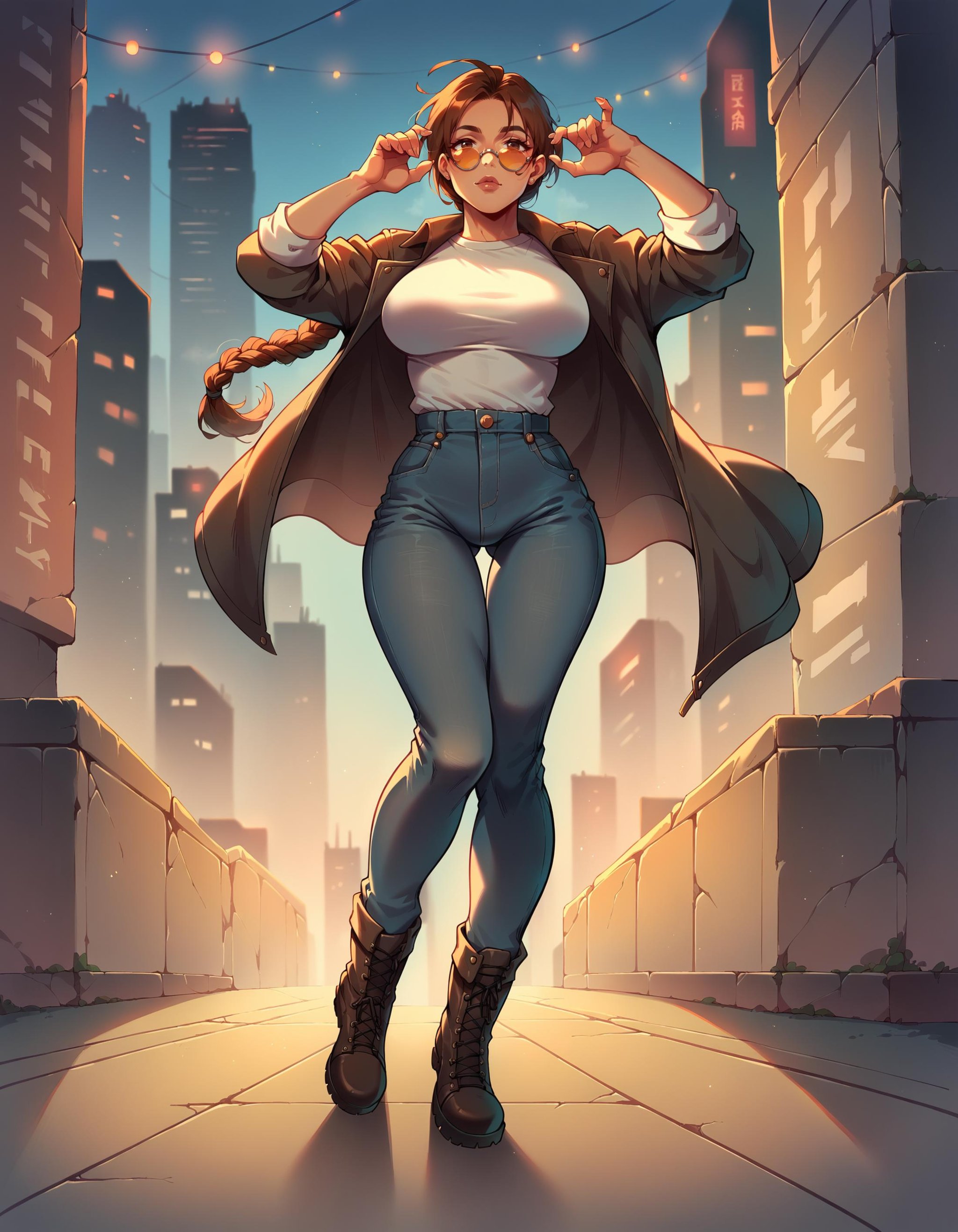 score_9, score_8_up, score_7_up,laracroftxl, 1girl, solo, large breasts, full body, open jacket, leather,cityscape, city lights, jeans,boots, white shirt, round eyewear, tinted eyewear,  <lora:LoraCroftxl:0.8>