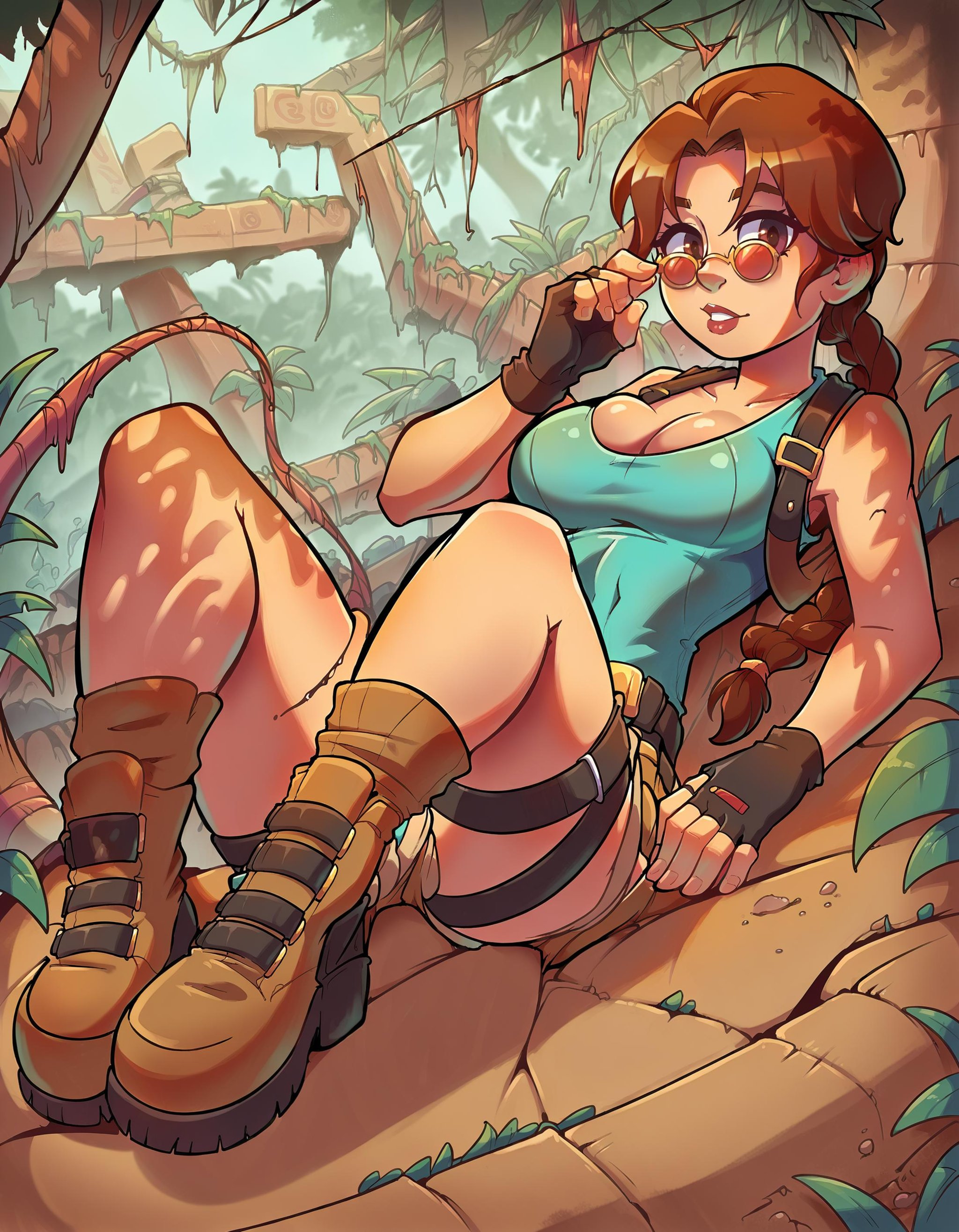 source_anime, score_9, score_8_up, score_7_up,laracroftxl, 1girl, solo, fingerless gloves, holster, cleavage, short shorts, tinted eyewear, medium breasts, thigh holster,round eyewear, boots, leotard, jungle,ruins, on back, looking at viewer,  <lora:LoraCroftxl:1>