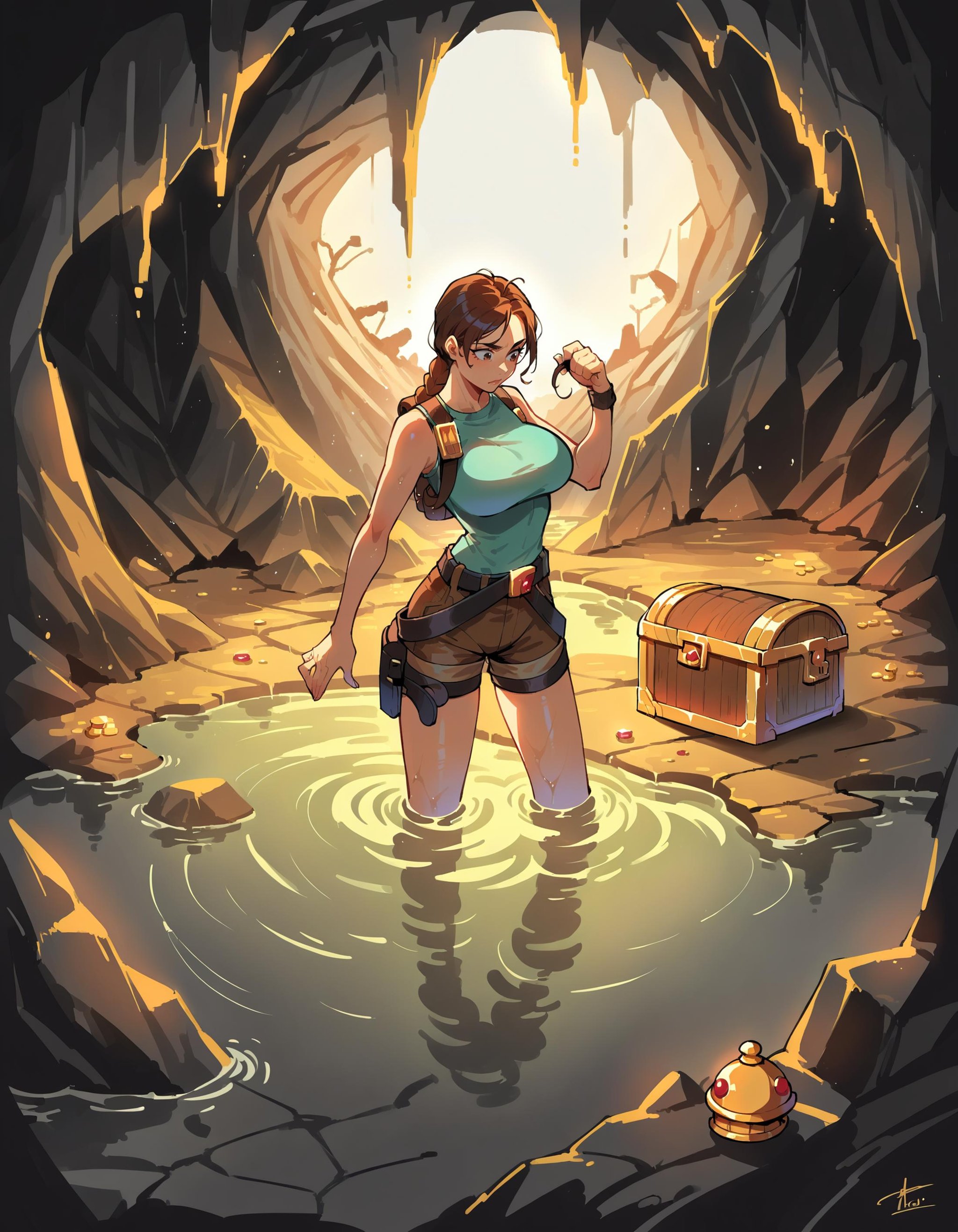 source_anime, score_9, score_8_up, score_7_up,laracroftxl, 1girl, solo, large breasts, full body, white background, simple background, boots, thigh holster, short shorts, belt,cave,flare,wading, treasure chest, gold, <lora:LoraCroftxl:1>