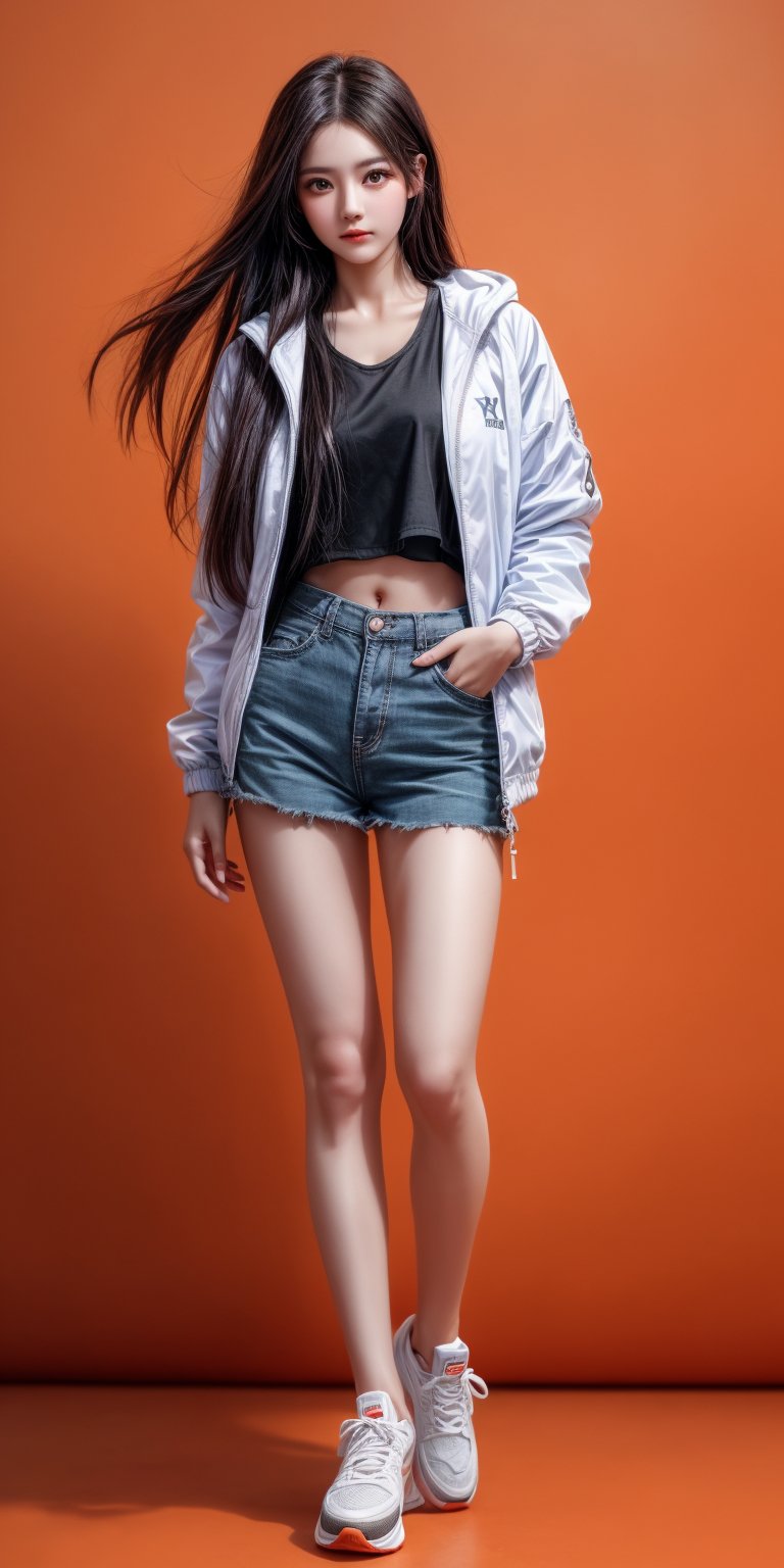 Capture a stunning portrait of a 1-girl subject with long hair and beautiful, finely detailed eyes. Set against a vibrant Hermes Orange background, she poses confidently in a white windbreaker and sleek sneakers. The camera frames her full body from head to toe, showcasing her toned legs and athletic physique. Lighting is soft and natural, with subtle shadows accentuating the textures of her skin and clothing. Composition is balanced, with the subject's long hair flowing elegantly across the frame.