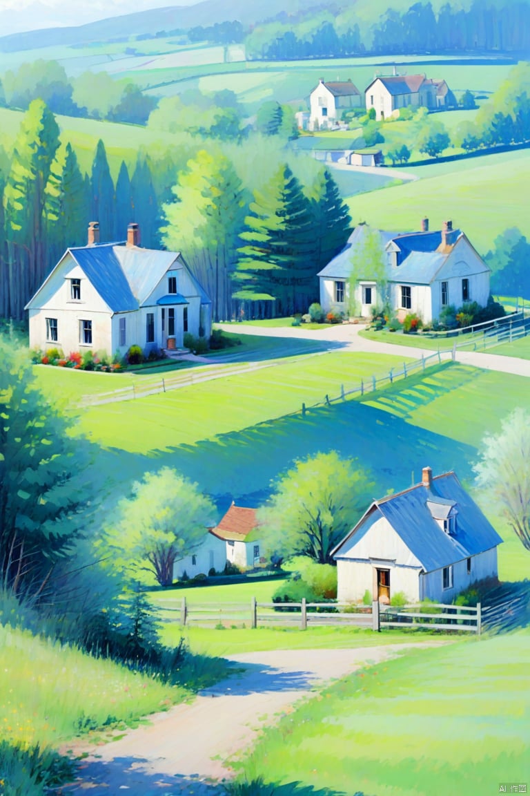 charming country house, blue siding, situated, side, road, surrounded, lush green grass, trees, background, creating, idyllic countryside setting, small fence, seen near, rustic charm, main house, two smaller houses visible, further down, road, one closer, left edge, scene, another towards, right, homes contribute, overall picturesque landscape, rural area