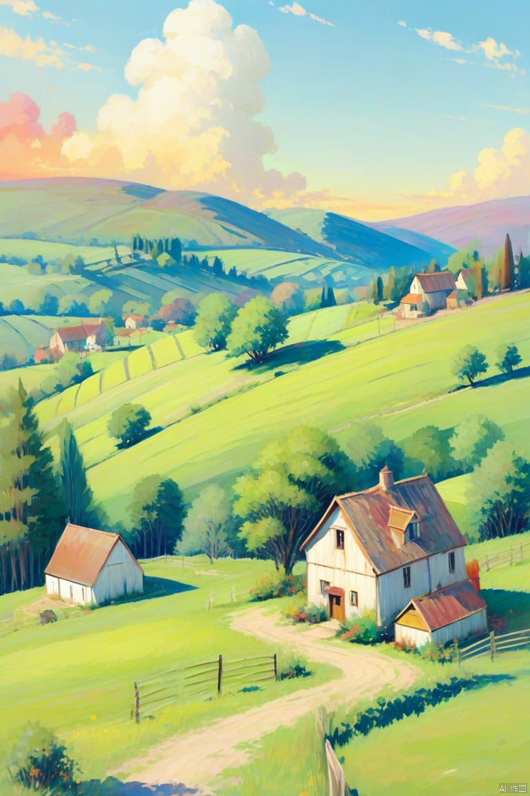 An idyllic countryside vista with undulating hills and quaint farmhouses, in the style of poster art, hyper-detailed, richly colored skies, colorful, Oil painting, cozy animation scenes, illustration