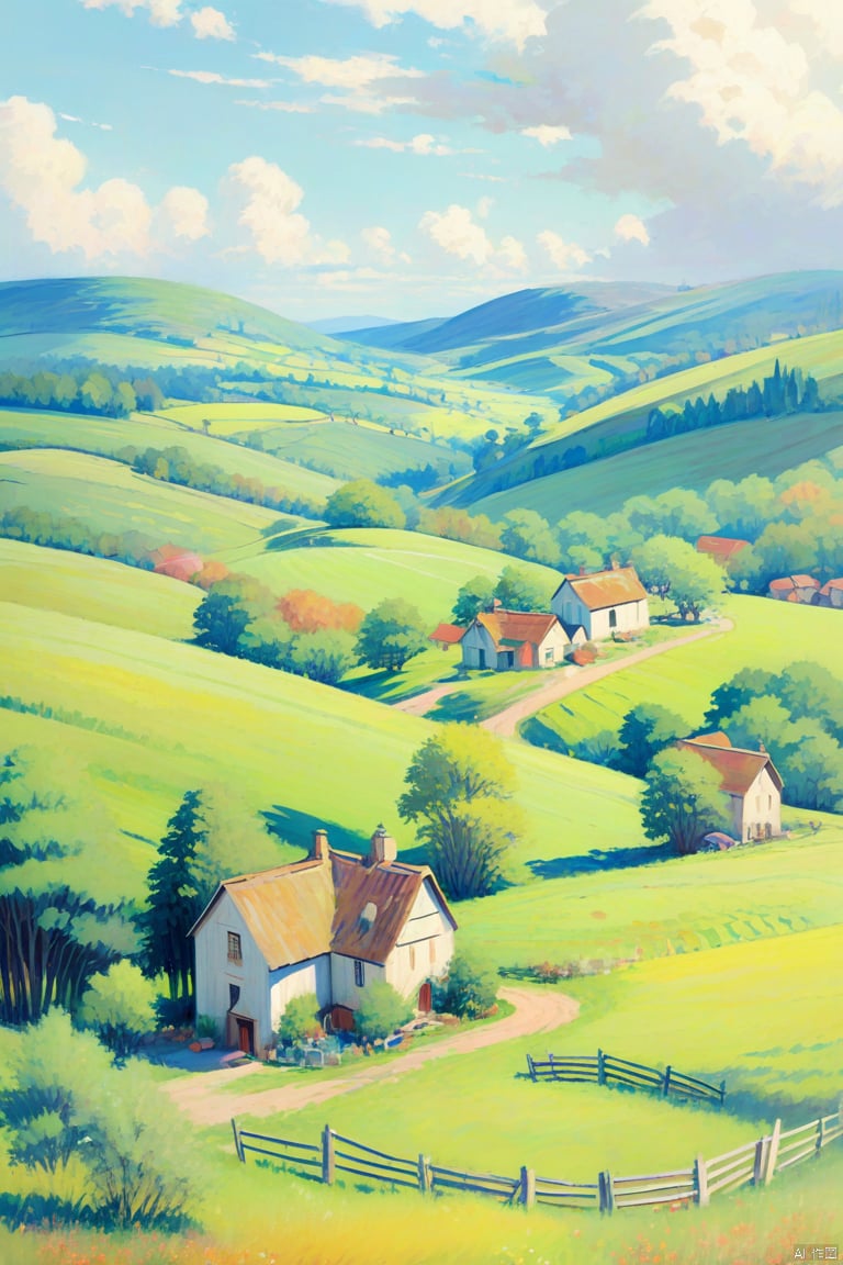 An idyllic countryside vista with undulating hills and quaint farmhouses, in the style of poster art, hyper-detailed, richly colored skies, colorful, Oil painting, cozy animation scenes, illustration