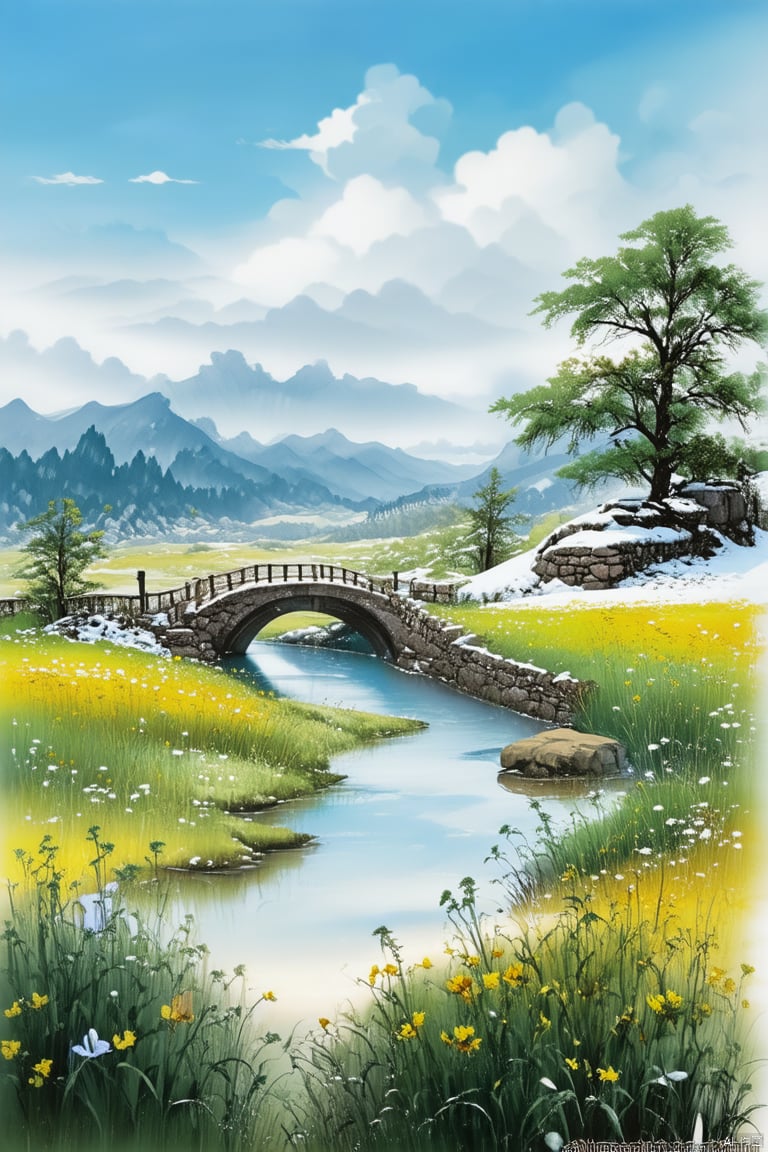 (Best Quality), (Masterpiece), (Advanced), Illustrated, Original, Extremely Detailed, Outdoor, Grass, Tree, Sky, Stone, Water, Cloud, Blue Sky, Landscape, Snow, Bridge, White Theme