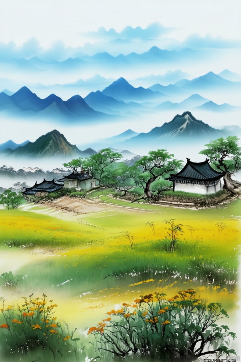 Outdoor, sky, clouds, trees, blue sky, no people, grassland, scenery, mountains, roads, fields, houses, peaceful rural scenery, hand painting, Chinese ink painting