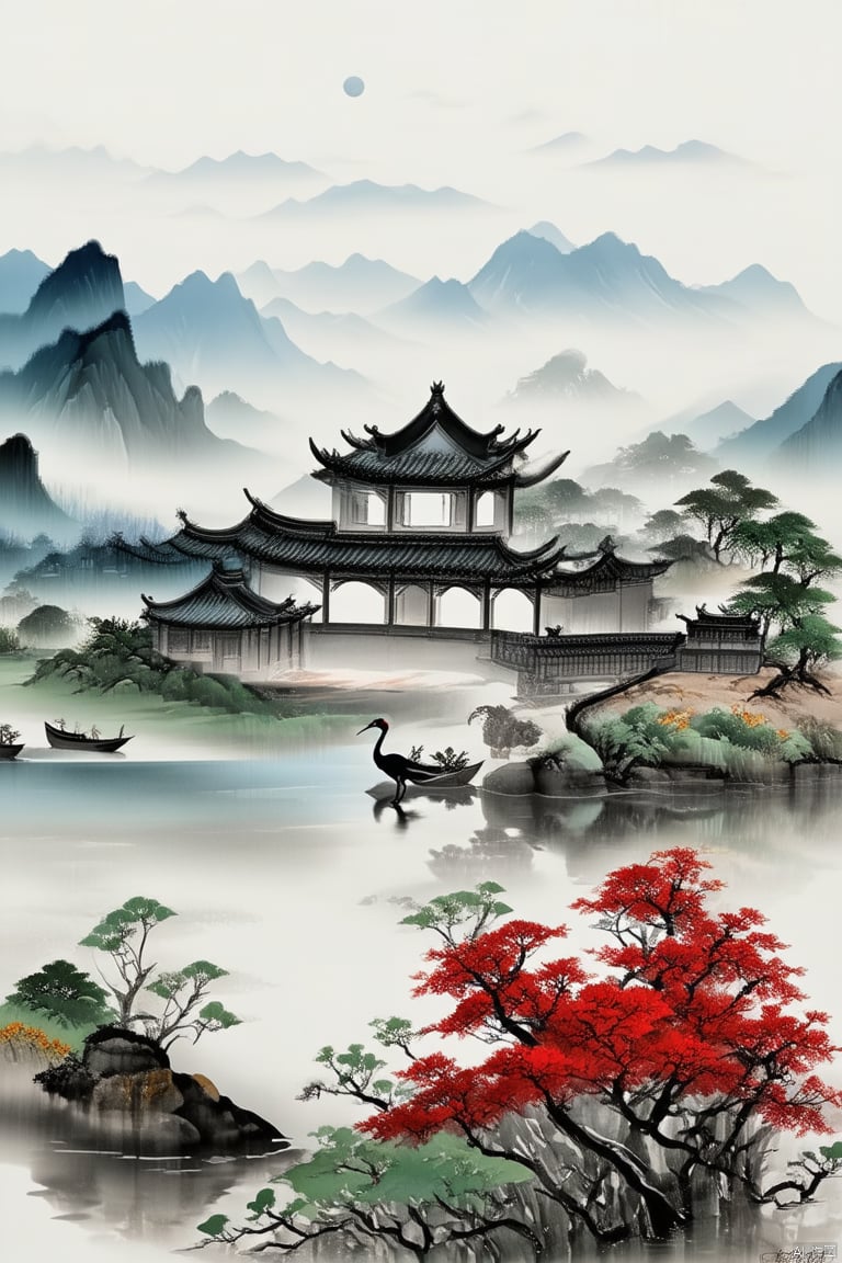 Chinese archway, full moon, (light and elegant colors in the picture), Chinese classical architecture, red crowned crane, overlooking mountains from afar, high-rise building, (white background: 1.1), ink painting, foreground of osmanthus tree, distant lake, riverbank with some rockeries and stones, red maple trees, and small boats on the river surface,