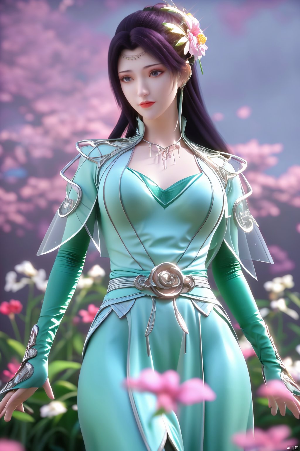  1girl,yuzu,qingsha,medium shot,solo,emotional_face,flower dress,flower armor,looking_at_viewer,green_theme,colorful blooming flowers,forming a dreamlike world,flower_garden,flowers everywhere,greens,pinks,bokeh,cinematic,exposure blend,(teal and orange:0.85),(muted_colors, dim_colors, soothing_tones:1.3),high contrast,low saturation,(Canon RF 85mm f/1.2L),tifa,huolinger,glint sparkle,pantyhose,xinniang,eyesseye,21yo girl,ajkds,yunbin,(big breasts:1.39), Xyunyun