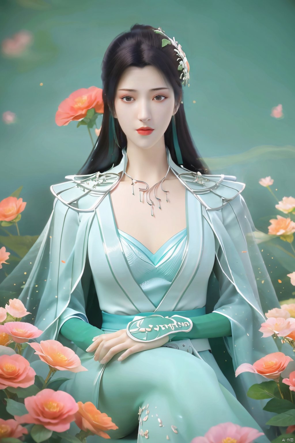  1girl,yuzu,qingsha,medium shot,solo,emotional_face,flower dress,flower armor,looking_at_viewer,green_theme,colorful blooming flowers,forming a dreamlike world,flower_garden,flowers everywhere,greens,pinks,bokeh,cinematic,exposure blend,(teal and orange:0.85),(muted_colors, dim_colors, soothing_tones:1.3),high contrast,low saturation,(Canon RF 85mm f/1.2L),tifa,huolinger,glint sparkle,pantyhose,xinniang,eyesseye,21yo girl,ajkds,yunbin,(big breasts:1.39), Xyunyun