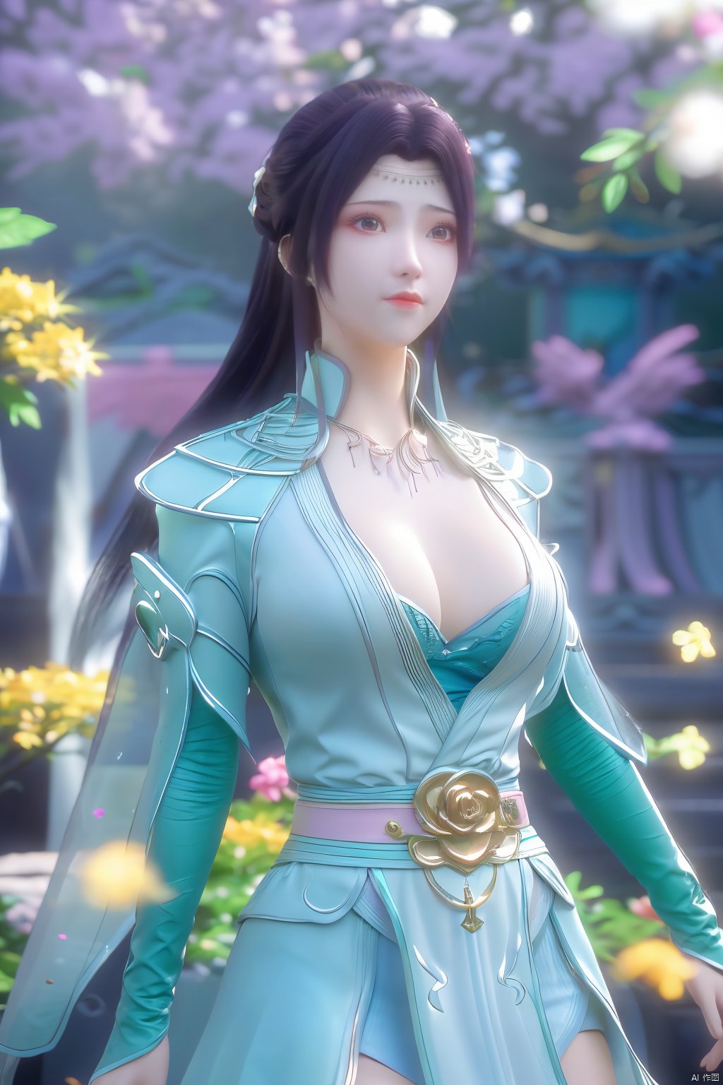  1girl,yuzu,qingsha,medium shot,solo,emotional_face,flower dress,flower armor,looking_at_viewer,green_theme,colorful blooming flowers,forming a dreamlike world,flower_garden,flowers everywhere,greens,pinks,bokeh,cinematic,exposure blend,(teal and orange:0.85),(muted_colors, dim_colors, soothing_tones:1.3),high contrast,low saturation,(Canon RF 85mm f/1.2L),tifa,huolinger,glint sparkle,pantyhose,xinniang,eyesseye,21yo girl,ajkds,yunbin,(big breasts:1.39), Xyunyun