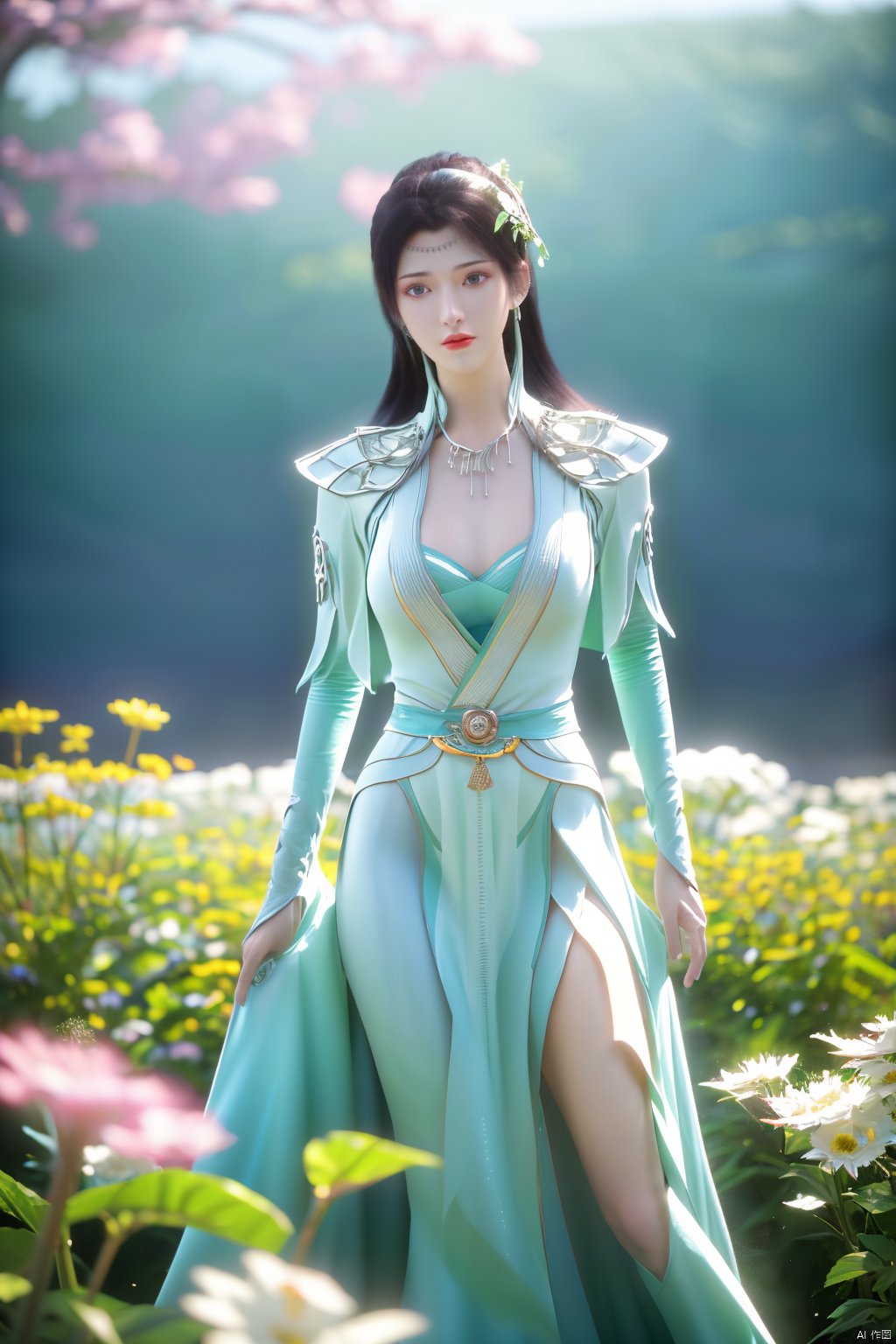  1girl,yuzu,qingsha,medium shot,solo,emotional_face,flower dress,flower armor,looking_at_viewer,green_theme,colorful blooming flowers,forming a dreamlike world,flower_garden,flowers everywhere,greens,pinks,bokeh,cinematic,exposure blend,(teal and orange:0.85),(muted_colors, dim_colors, soothing_tones:1.3),high contrast,low saturation,(Canon RF 85mm f/1.2L),tifa,huolinger,glint sparkle,pantyhose,xinniang,eyesseye,21yo girl,ajkds,yunbin,(big breasts:1.59), Xyunyun