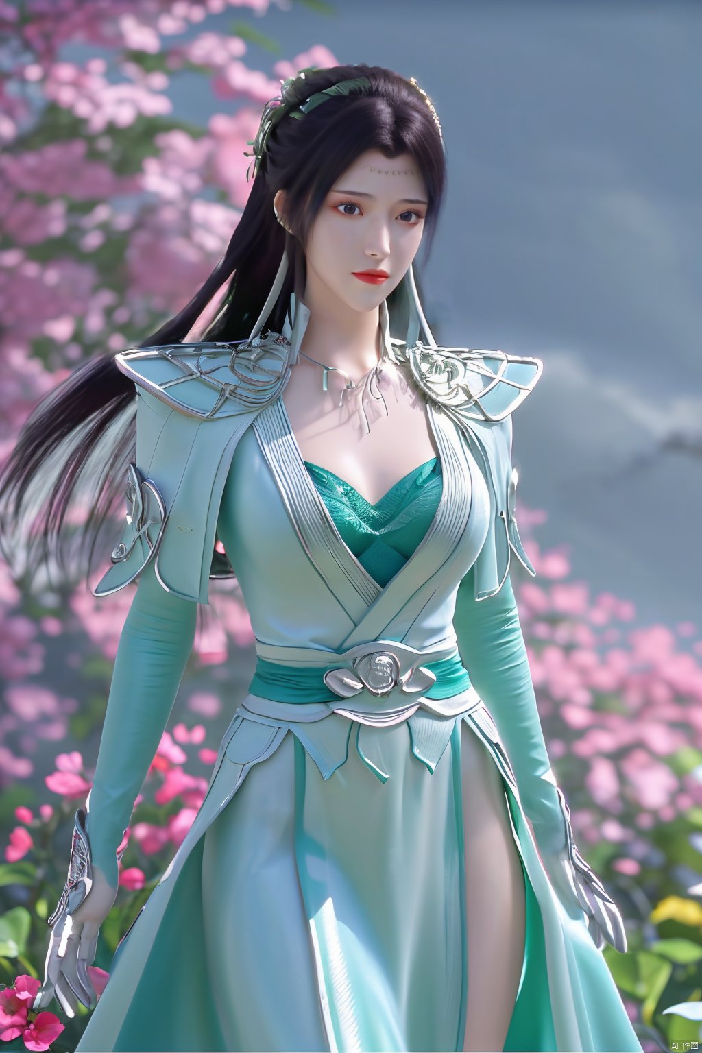  1girl,yuzu,qingsha,medium shot,solo,emotional_face,flower dress,flower armor,looking_at_viewer,green_theme,colorful blooming flowers,forming a dreamlike world,flower_garden,flowers everywhere,greens,pinks,bokeh,cinematic,exposure blend,(teal and orange:0.85),(muted_colors, dim_colors, soothing_tones:1.3),high contrast,low saturation,(Canon RF 85mm f/1.2L),tifa,huolinger,glint sparkle,pantyhose,xinniang,eyesseye,21yo girl,ajkds,yunbin,(big breasts:1.59), Xyunyun