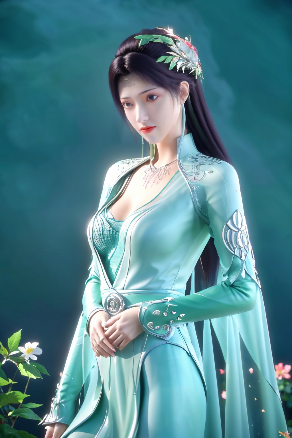  1girl,yuzu,qingsha,medium shot,solo,emotional_face,flower dress,flower armor,looking_at_viewer,green_theme,colorful blooming flowers,forming a dreamlike world,flower_garden,flowers everywhere,greens,pinks,bokeh,cinematic,exposure blend,(teal and orange:0.85),(muted_colors, dim_colors, soothing_tones:1.3),high contrast,low saturation,(Canon RF 85mm f/1.2L),tifa,huolinger,glint sparkle,pantyhose,xinniang,eyesseye,21yo girl,ajkds,yunbin,(big breasts:1.39), Xyunyun