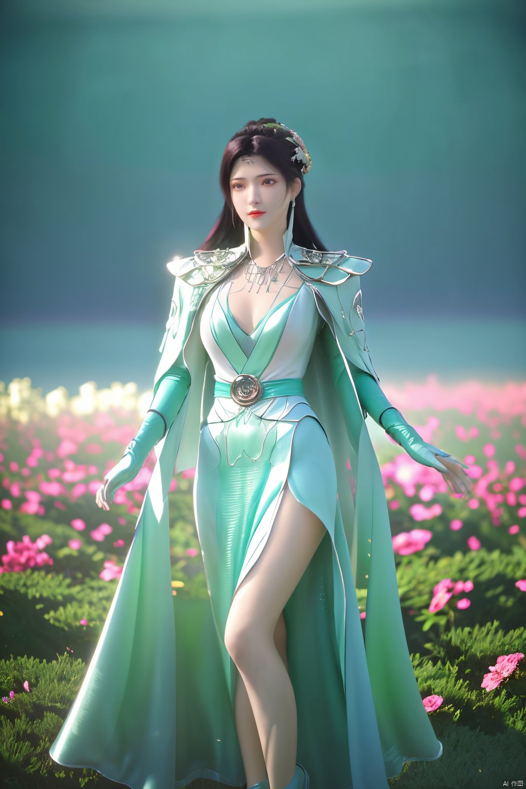  1girl,yuzu,qingsha,medium shot,solo,emotional_face,flower dress,flower armor,looking_at_viewer,green_theme,colorful blooming flowers,forming a dreamlike world,flower_garden,flowers everywhere,greens,pinks,bokeh,cinematic,exposure blend,(teal and orange:0.85),(muted_colors, dim_colors, soothing_tones:1.3),high contrast,low saturation,(Canon RF 85mm f/1.2L),tifa,huolinger,glint sparkle,pantyhose,xinniang,eyesseye,21yo girl,ajkds,yunbin,(big breasts:1.59), Xyunyun