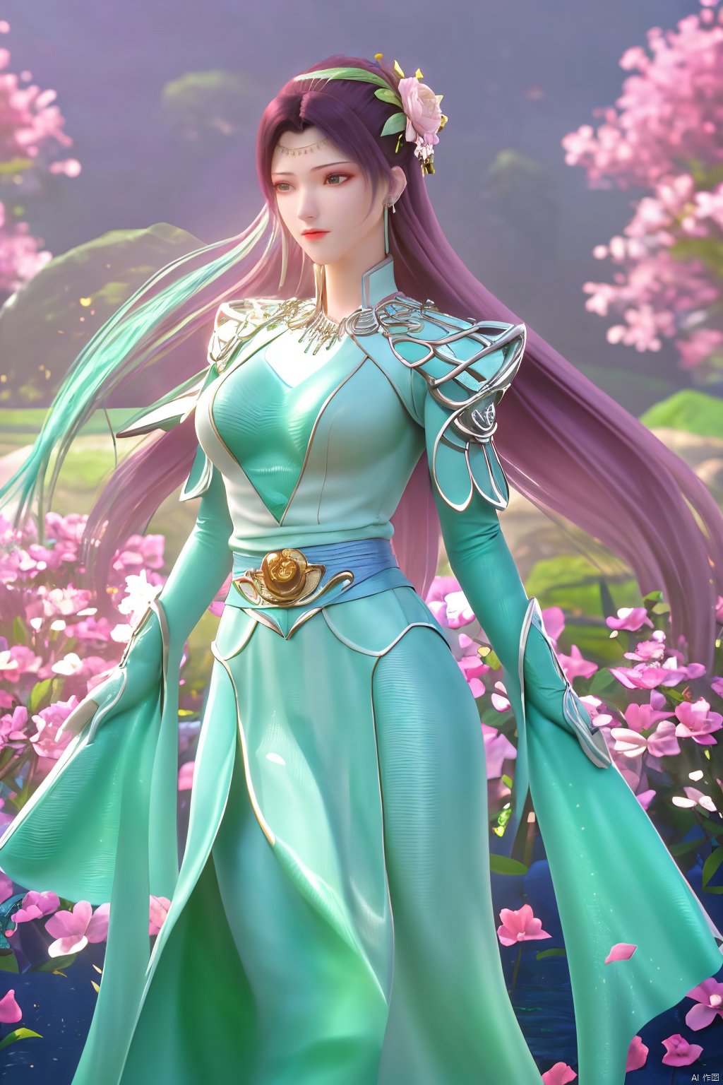  1girl,yuzu,qingsha,medium shot,solo,emotional_face,flower dress,flower armor,looking_at_viewer,green_theme,colorful blooming flowers,forming a dreamlike world,flower_garden,flowers everywhere,greens,pinks,bokeh,cinematic,exposure blend,(teal and orange:0.85),(muted_colors, dim_colors, soothing_tones:1.3),high contrast,low saturation,(Canon RF 85mm f/1.2L),tifa,huolinger,glint sparkle,pantyhose,xinniang,eyesseye,21yo girl,ajkds,yunbin,(big breasts:1.39), Xyunyun