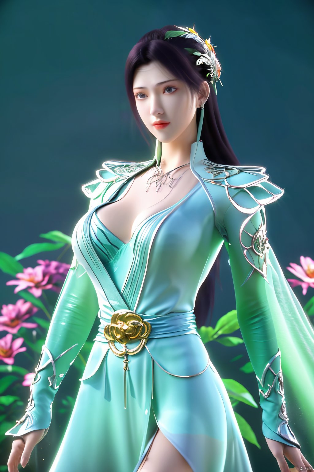  1girl,yuzu,qingsha,medium shot,solo,emotional_face,flower dress,flower armor,looking_at_viewer,green_theme,colorful blooming flowers,forming a dreamlike world,flower_garden,flowers everywhere,greens,pinks,bokeh,cinematic,exposure blend,(teal and orange:0.85),(muted_colors, dim_colors, soothing_tones:1.3),high contrast,low saturation,(Canon RF 85mm f/1.2L),tifa,huolinger,glint sparkle,pantyhose,xinniang,eyesseye,21yo girl,ajkds,yunbin,(big breasts:1.39), Xyunyun