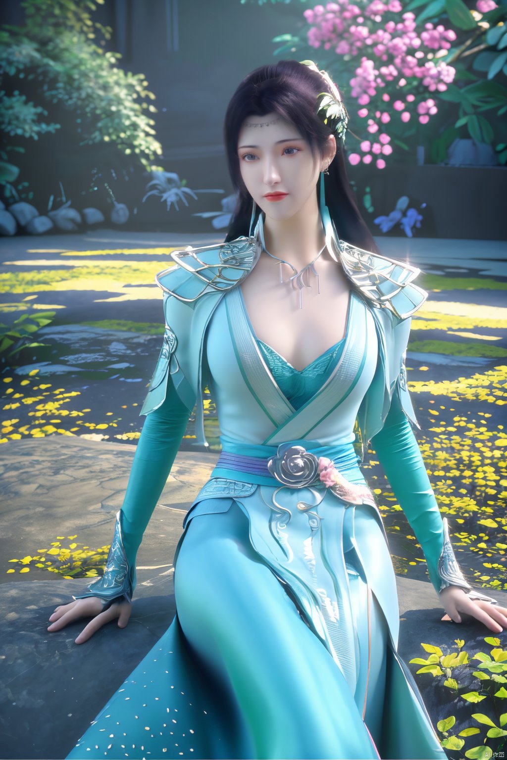  1girl,yuzu,qingsha,medium shot,solo,emotional_face,flower dress,flower armor,looking_at_viewer,green_theme,colorful blooming flowers,forming a dreamlike world,flower_garden,flowers everywhere,greens,pinks,bokeh,cinematic,exposure blend,(teal and orange:0.85),(muted_colors, dim_colors, soothing_tones:1.3),high contrast,low saturation,(Canon RF 85mm f/1.2L),tifa,huolinger,glint sparkle,pantyhose,xinniang,eyesseye,21yo girl,ajkds,yunbin,(big breasts:1.39), Xyunyun