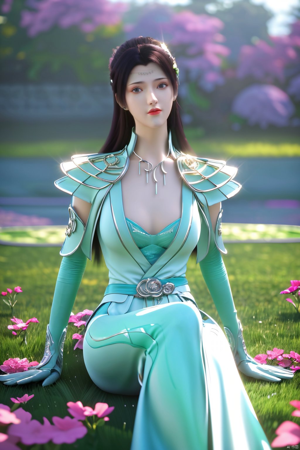  1girl,yuzu,qingsha,medium shot,solo,emotional_face,flower dress,flower armor,looking_at_viewer,green_theme,colorful blooming flowers,forming a dreamlike world,flower_garden,flowers everywhere,greens,pinks,bokeh,cinematic,exposure blend,(teal and orange:0.85),(muted_colors, dim_colors, soothing_tones:1.3),high contrast,low saturation,(Canon RF 85mm f/1.2L),tifa,huolinger,glint sparkle,pantyhose,xinniang,eyesseye,21yo girl,ajkds,yunbin,(big breasts:1.59), Xyunyun