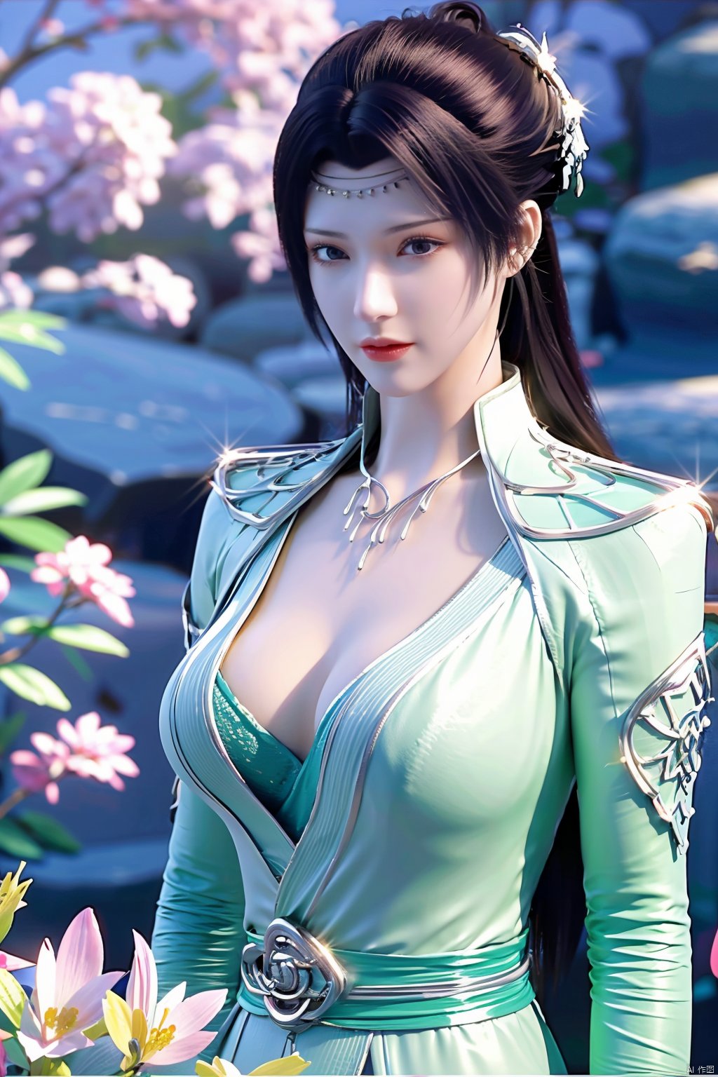 masterpiece,best quality,1girl,sitting, upper body,solo,Xyunyun,(big breasts:1.39),yuzu,ziling_xianzi,Xtianxiwei,green_theme,colorful blooming flowers,forming a dreamlike world,flower_garden,flowers everywhere,greens,pinks,