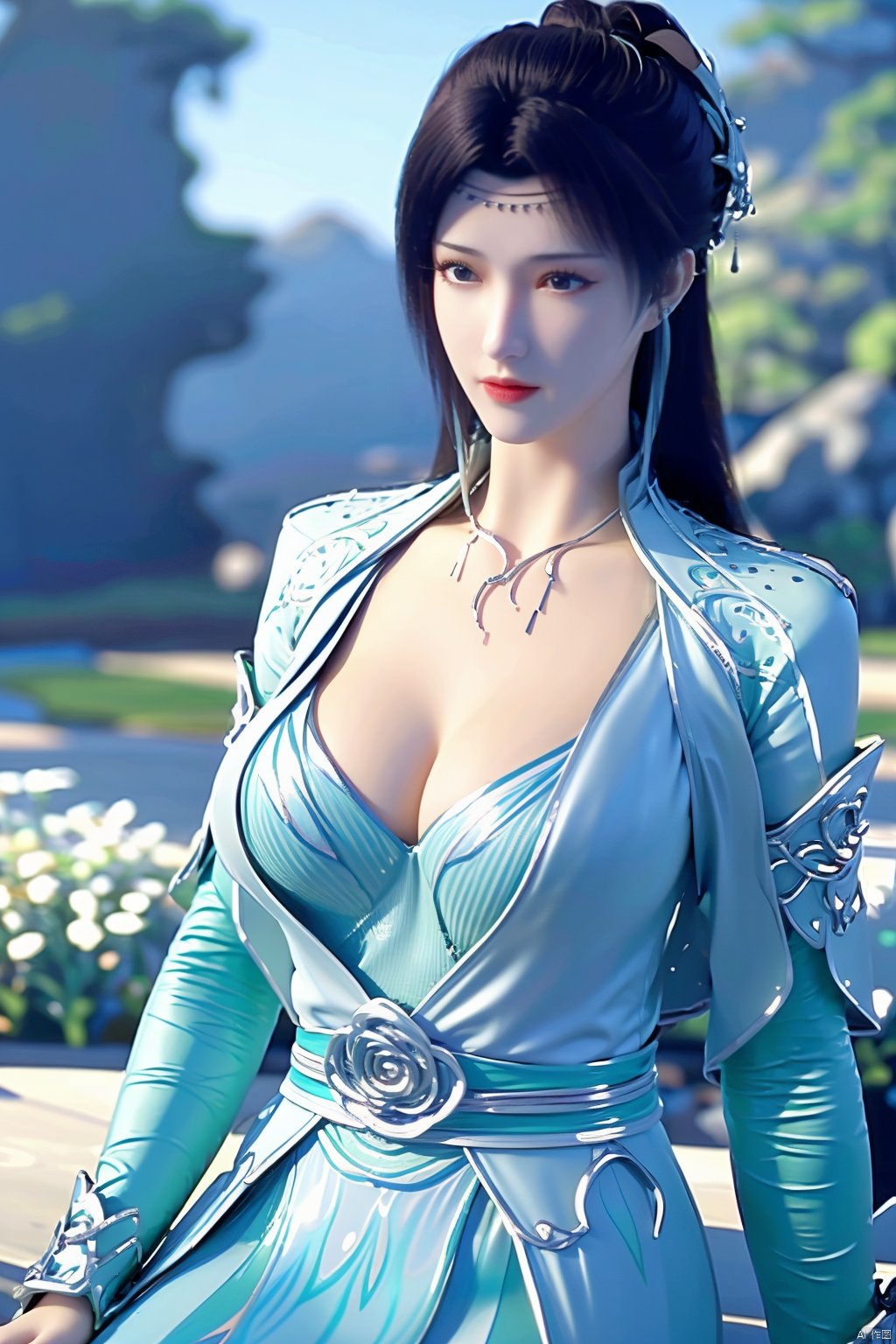 masterpiece,best quality,1girl,sitting, upper body,solo,Xyunyun,(big breasts:1.39),yuzu,ziling_xianzi,Xtianxiwei,green_theme,colorful blooming flowers,forming a dreamlike world,flower_garden,flowers everywhere,greens,pinks,