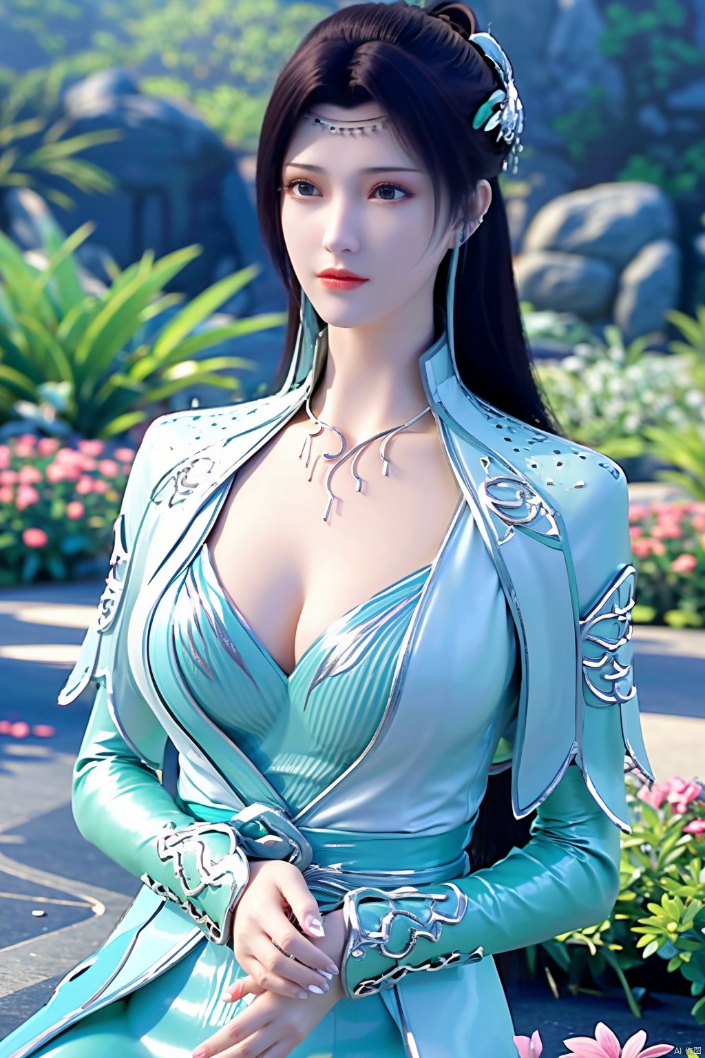 masterpiece,best quality,1girl,sitting, upper body,solo,Xyunyun,(big breasts:1.39),yuzu,ziling_xianzi,Xtianxiwei,green_theme,colorful blooming flowers,forming a dreamlike world,flower_garden,flowers everywhere,greens,pinks,